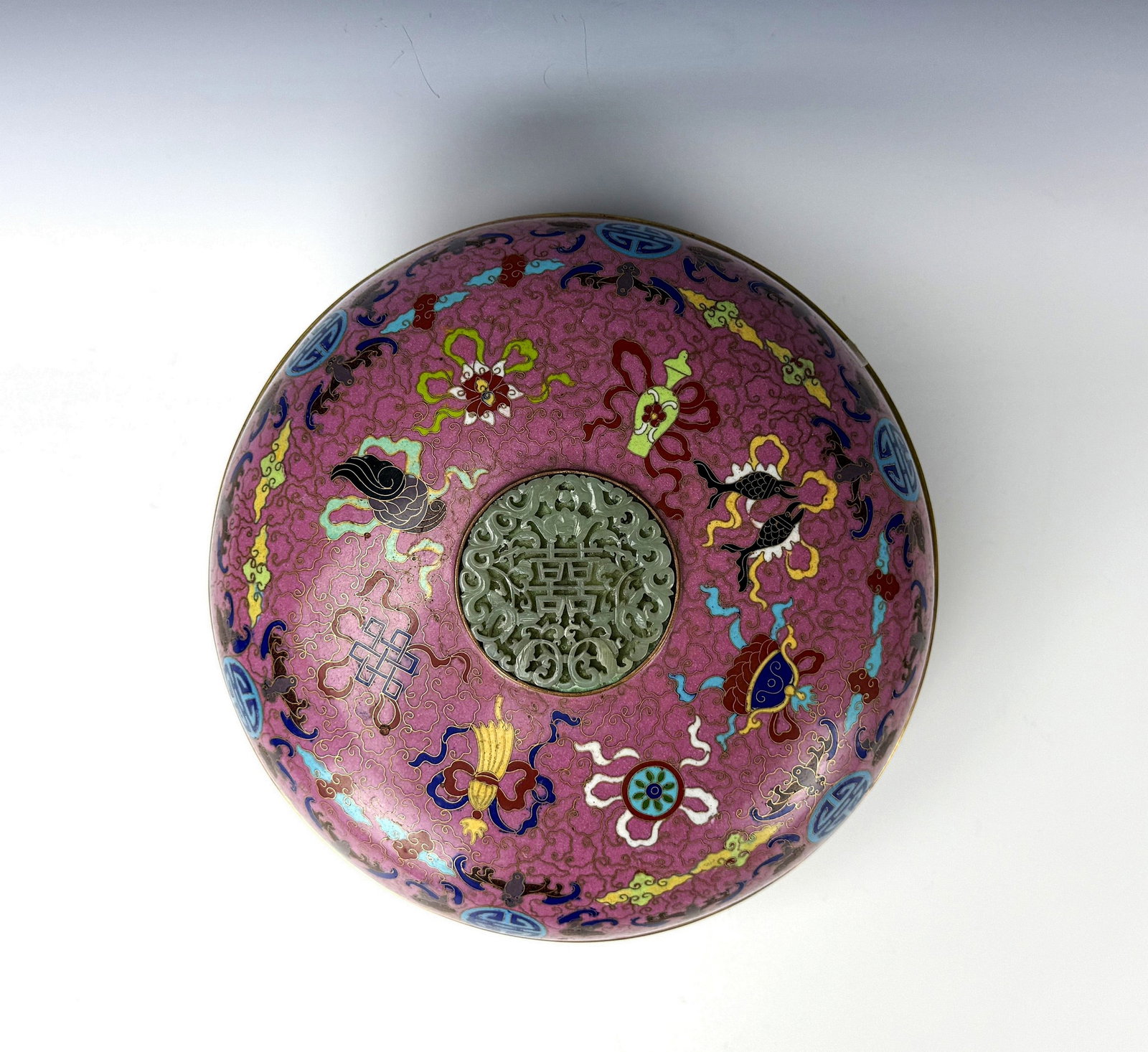 Chinese Cloisonne Box with Jade Inset Lids: Chinese cloisonne box with jade inset lids. D 29cm(11.5in.) x H 16cm(6.3in.), Preview from June 22nd to 26th from 1:00 PM TO 5:00 PM Eastern Time, Location: 15229 Display Court, Rockville, MD 20850.