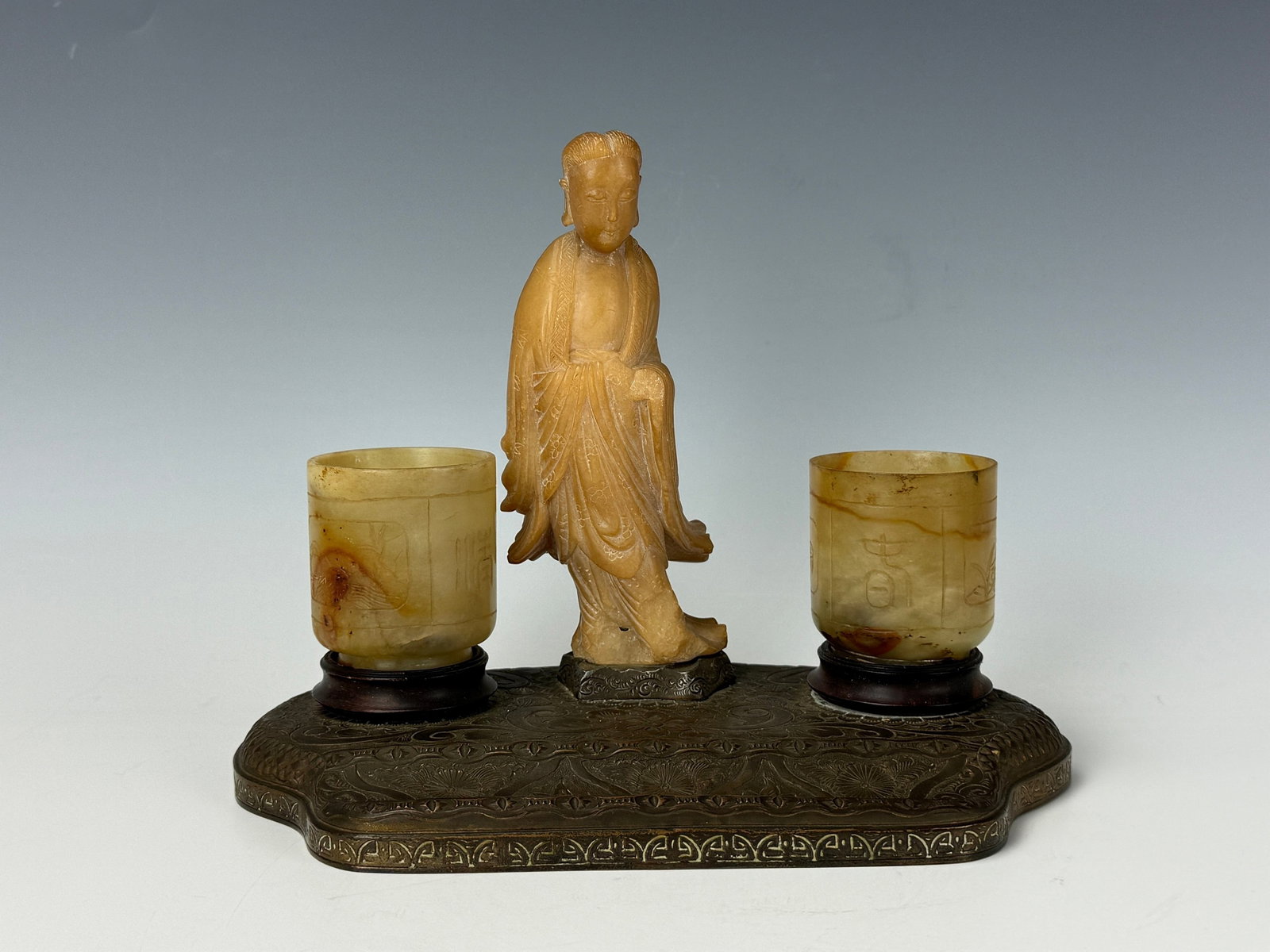 Chinese Carved Stone Figure and Vases with Metal Base: Chinese Carved Stone Figure and Vases with Metal Base. L 24cm(9.5in.) x D 14cm(5.5in.) x H 19cm(7.5in.). Preview from June 22nd to 26th from 1:00 PM TO 5:00 PM Eastern Time, Location: 15229 Display Co