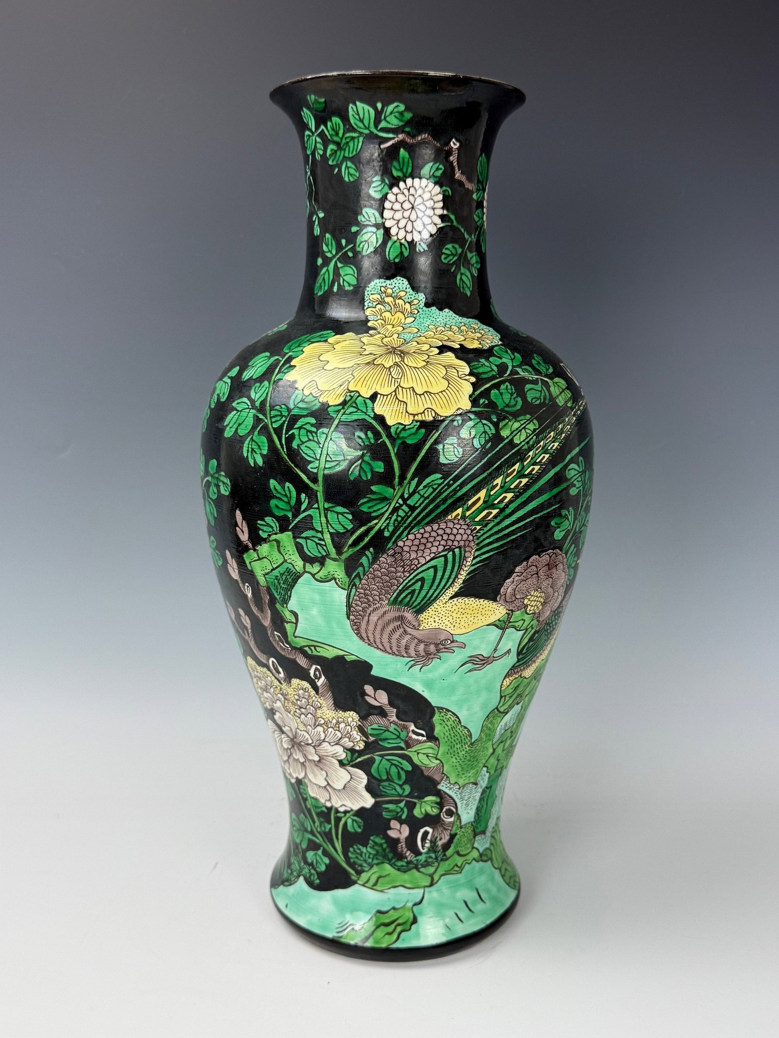 Qing Dynasty Famille Noire Bird and Flower Guanyin Vase: Qing Dynasty Famille Noire Bird and Flower Guanyin Vase. H 42 cm(16.5 in.),Preview from June 22nd to 26th from 1:00 PM TO 5:00 PM Eastern Time, Location: 15229 Display Court, Rockville, MD 20850.