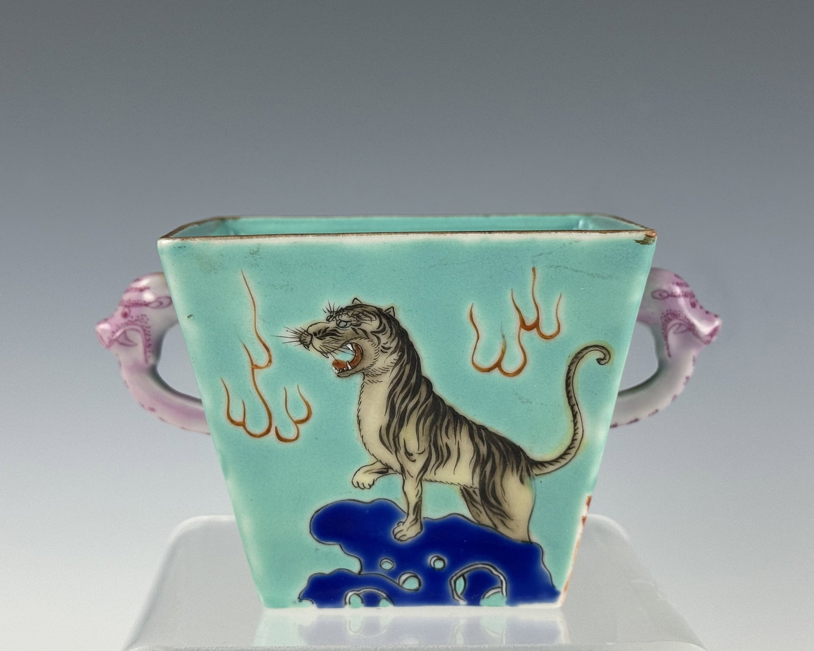 Chinese Famille Rose Square Porcelain Vessel with Turquriose Ground Jiaqing Mark (1 of 5)