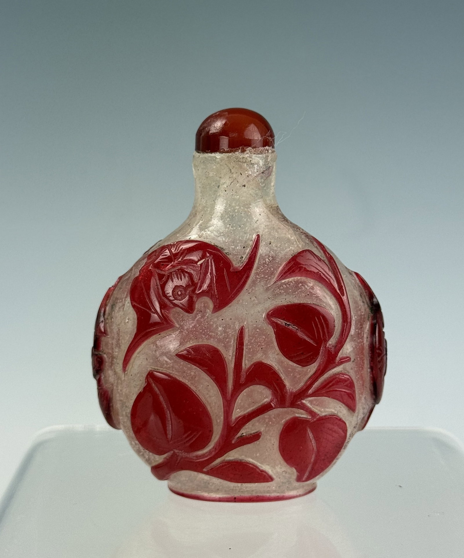 Chinese Red Overlay Flowers Peking Glass Snuff Bottle (1 of 4)