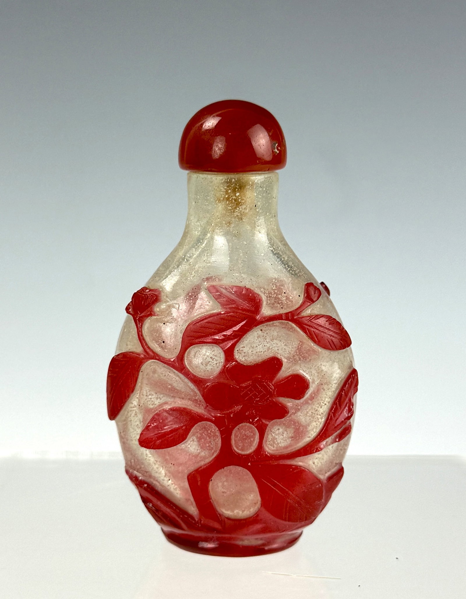 Chinese Opaque Peking Glass Snuff Bottle with Red Overlay Lotus (1 of 4)