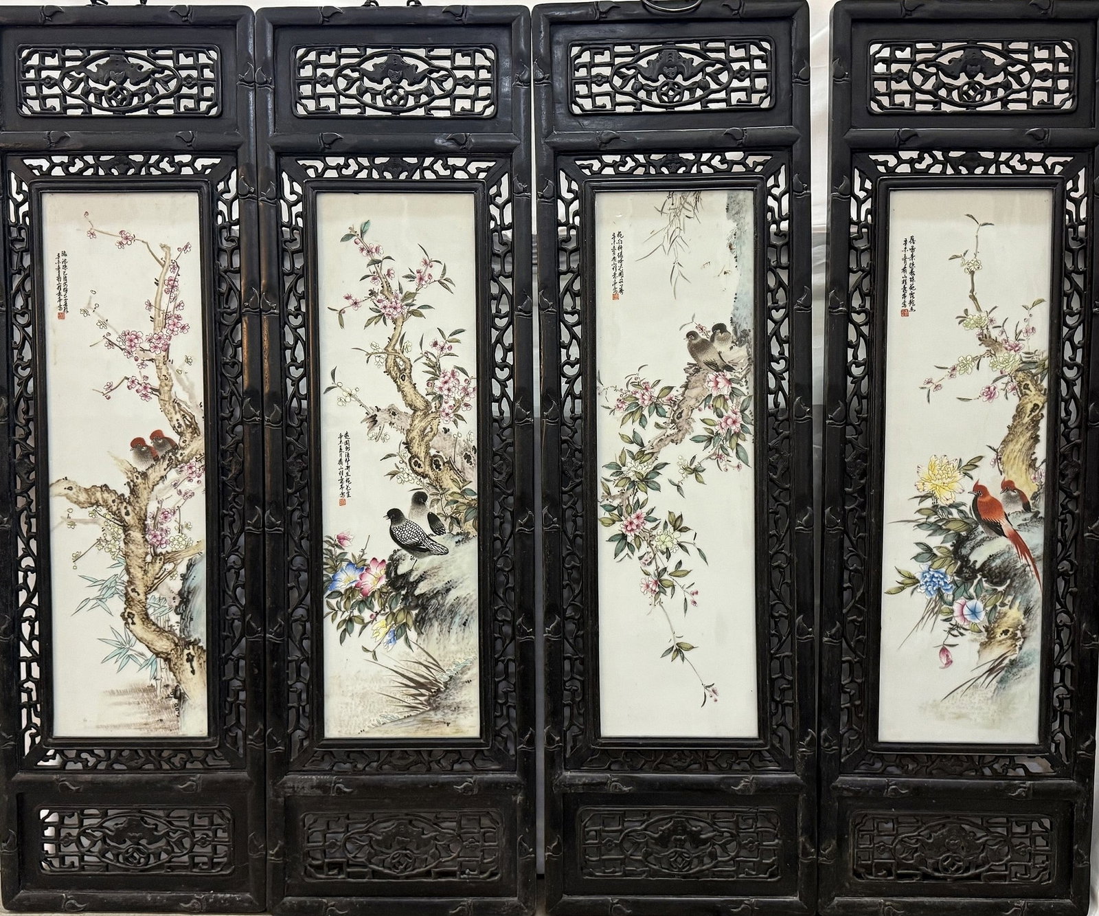 Set of Four Chinese Famile Rose Porcelain Bird and Flower Panels ChengYiting Mark (1 of 8)