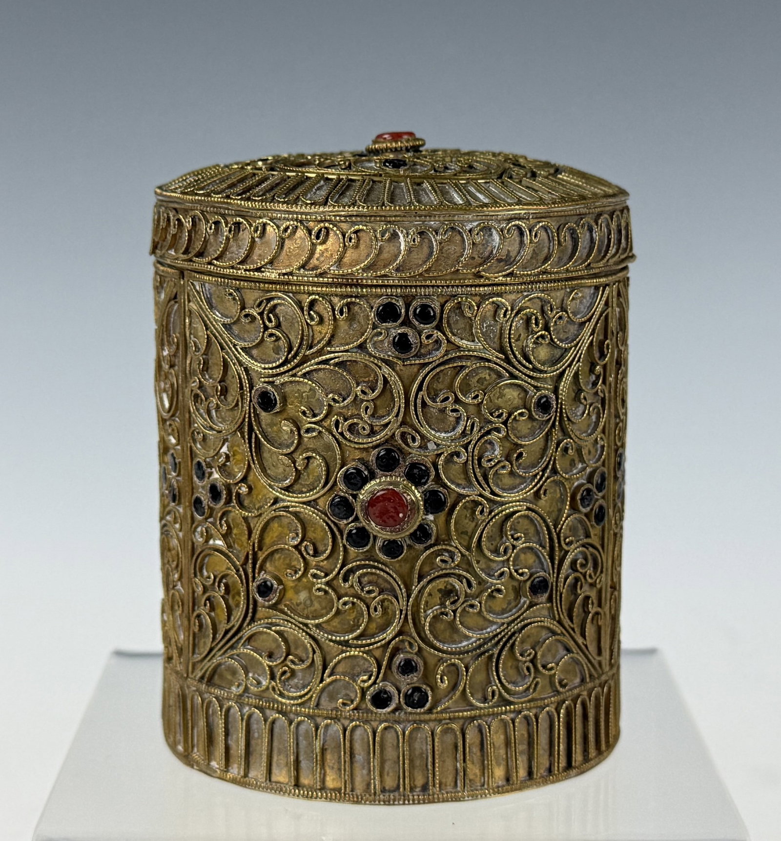 An Antique Ornate Filigree Metal Box with Gemstone Inlay (1 of 5)