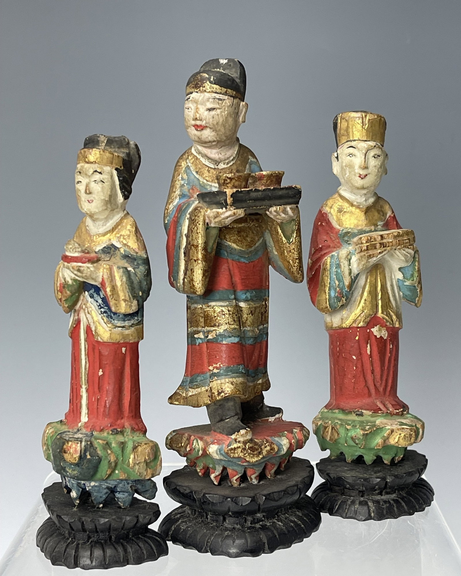 Set of three Chinese Painted Wooden Figures (1 of 5)