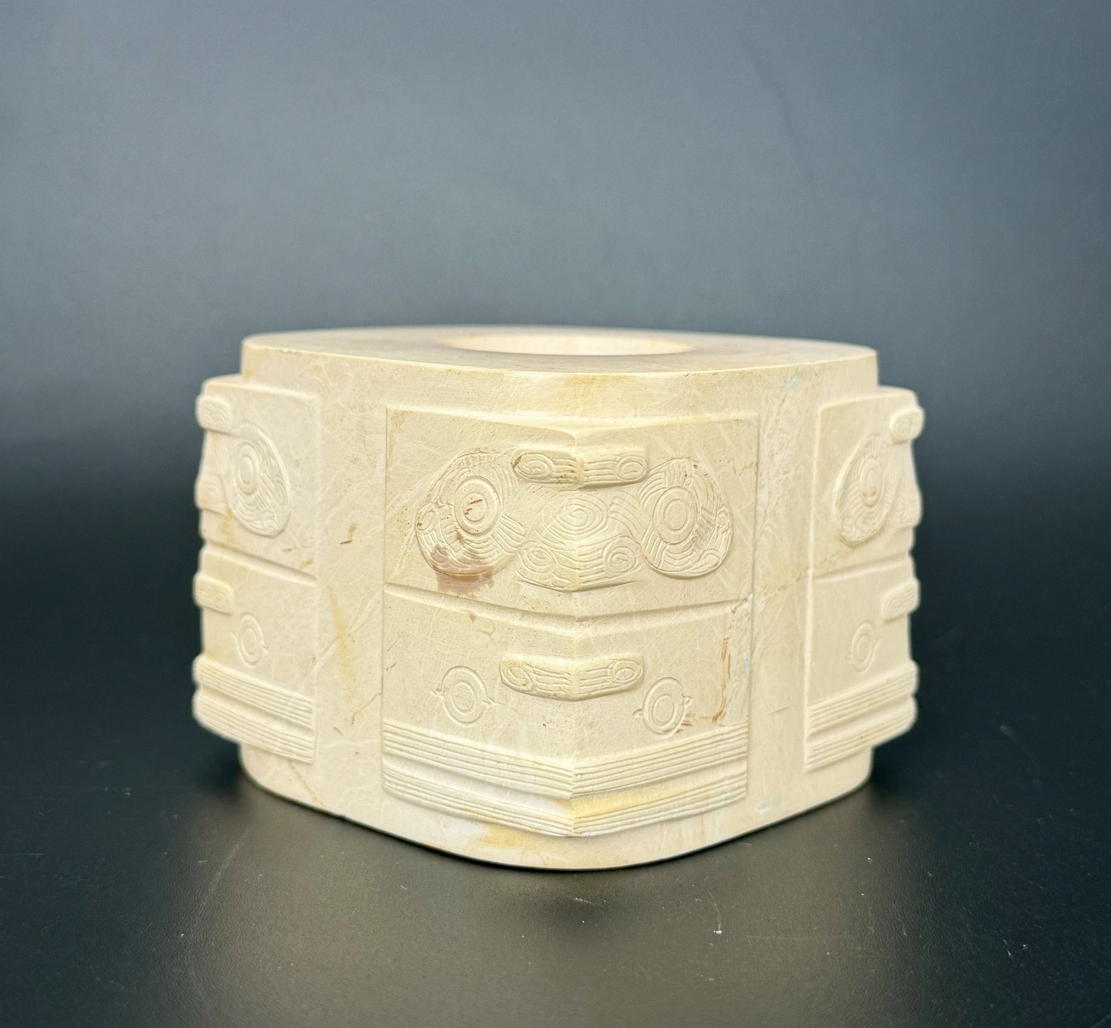 Chinese Chicken Bone White Carved Mask Jade Cong Ritual Tube (1 of 5)
