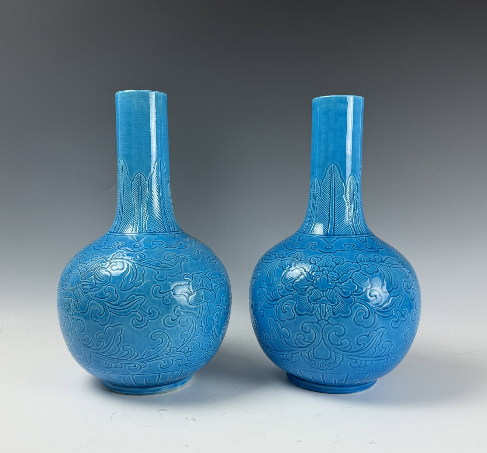Pair of Chinese Turquoise Glazed Incised Porcelain Long Neck Vases (1 of 7)