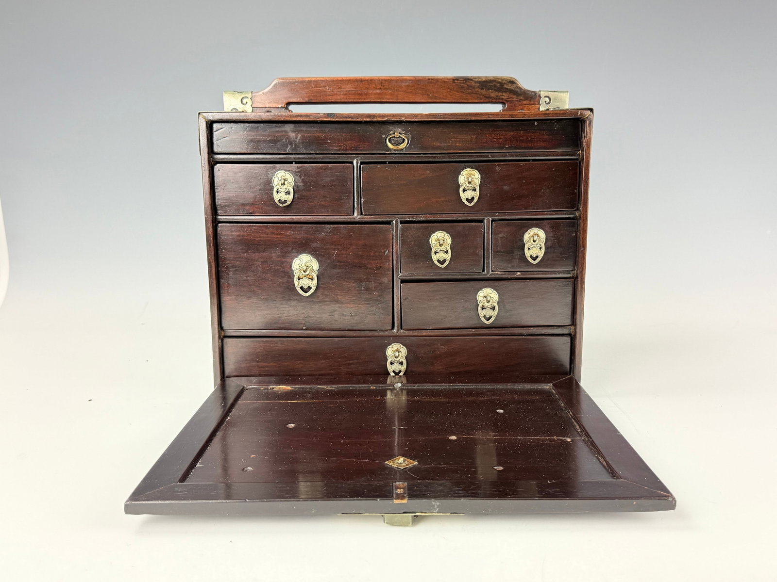 Chinese Hardwood Scholars Seal Box with Copper Auxiliary Works: Hardwood scholars' seal box with copper auxiliary works. L 31cm(12.2 in.) x H 23.4cm(9.2 in.) x W 19.4cm(7.6in.). Preview from June 22nd to 26th from 1:00 PM TO 5:00 PM Eastern Time, Location: 15229 D