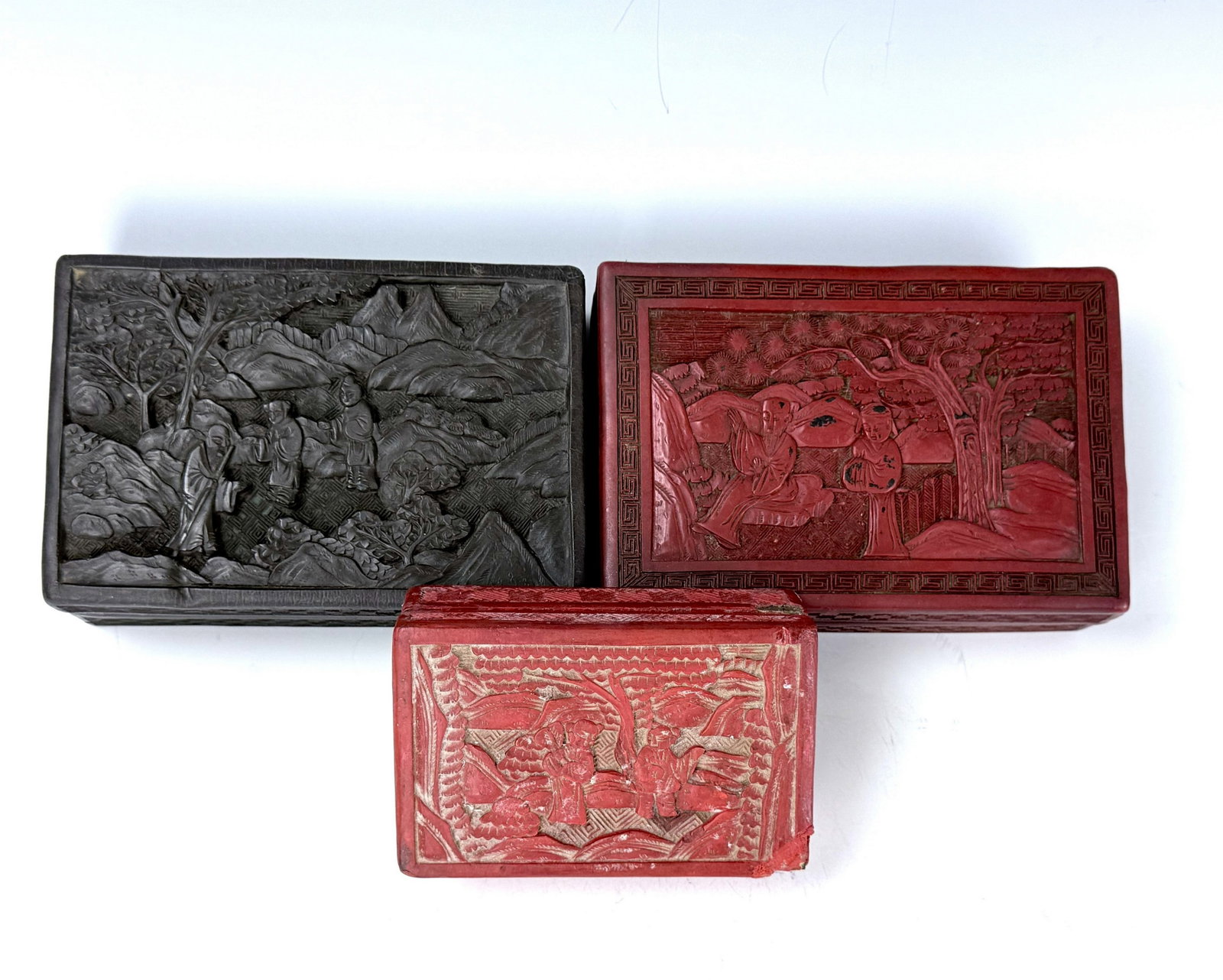 Trio of Chinese Carved Lacquer Boxes with Landscape Scenes (1 of 7)