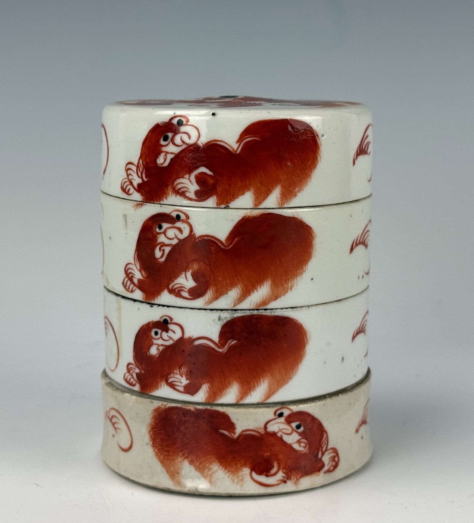 Chinese Porcelain Stacked Four Piece Porcelain Containers: Chinese Porcelain Stacked Four Piece Porcelain Containers. H 10cm(4in.) x D 8cm(3.1in.). Preview from June 22nd to 26th from 1:00 PM TO 5:00 PM Eastern Time, Location: 15229 Display Court, Rockville, 