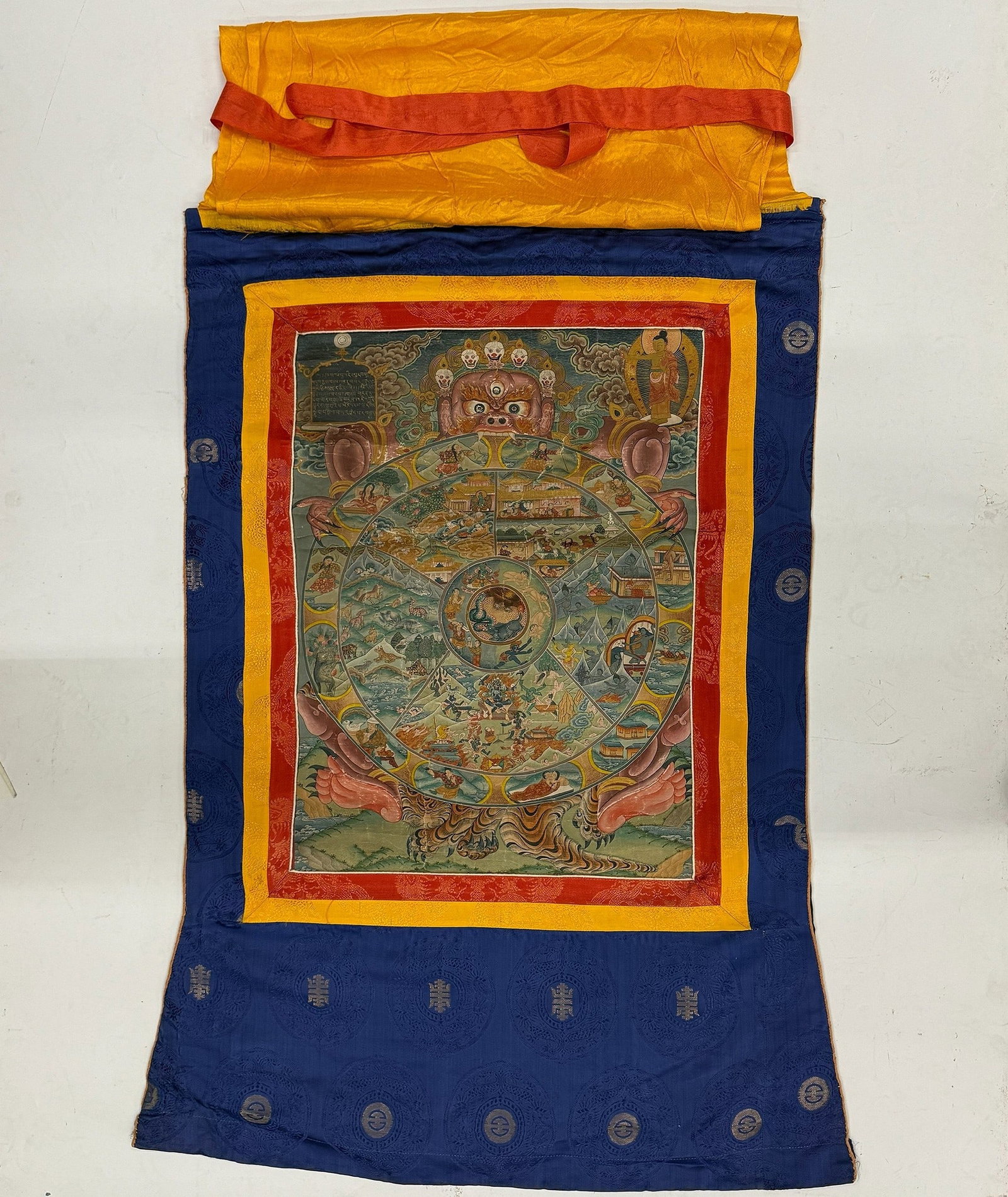 Tibetan Thangka Scroll: Tibetan Thangka Scroll. H 104cm(41in. in.) x W 66cm( 26in.). Preview from June 22nd to 26th from 1:00 PM TO 5:00 PM Eastern Time, Location: 15229 Display Court, Rockville, MD 20850.