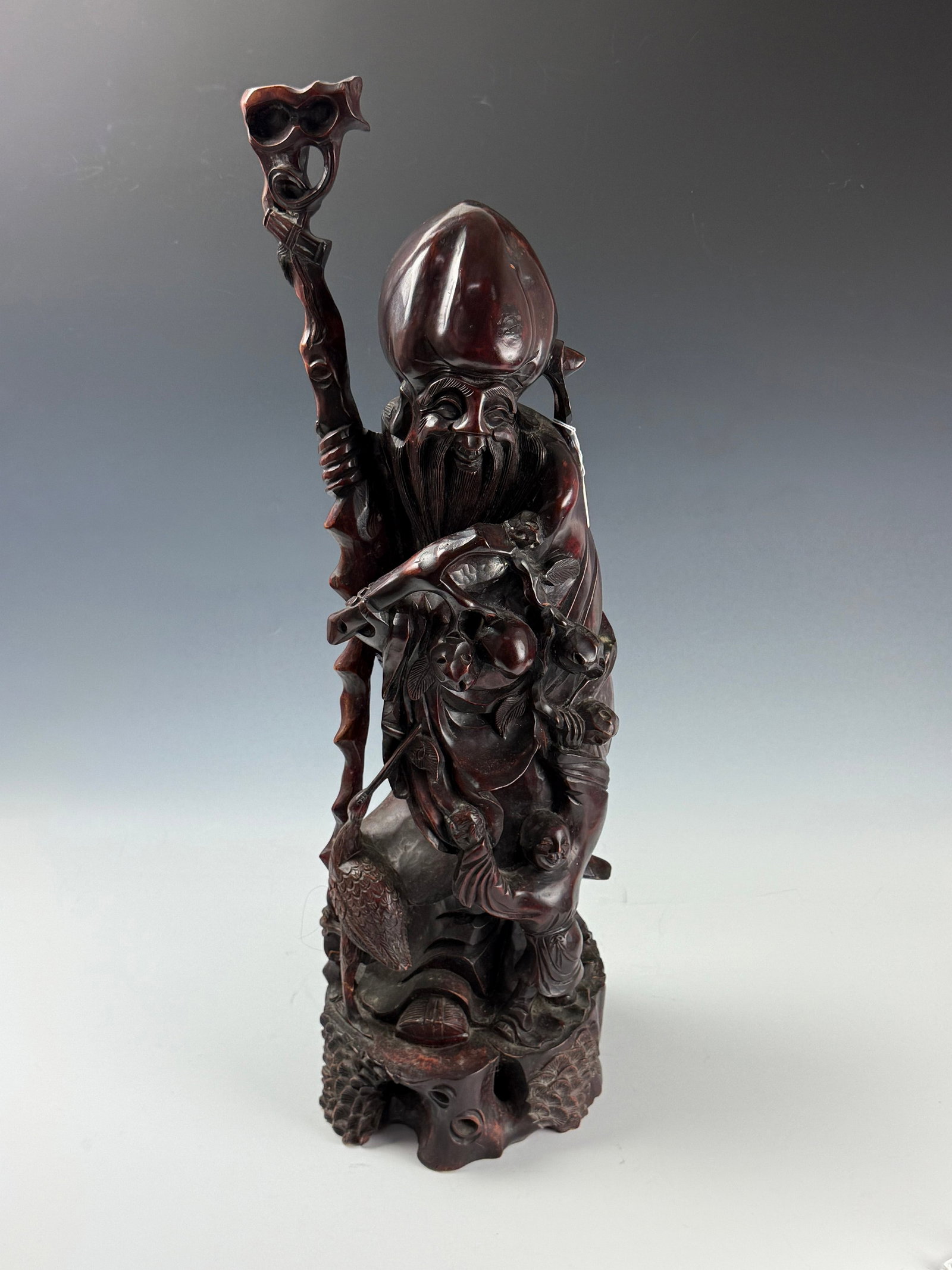 Chinese Hand Carved Hardwood Figurine of Shoulao: Chinese Hand-Carved Hardwood Figurine of Shoulao. H 76 cm(30 in.) x W17cm (6.6in). Preview from June 22nd to 26th from 1:00 PM TO 5:00 PM Eastern Time, Location: 15229 Display Court, Rockville, MD