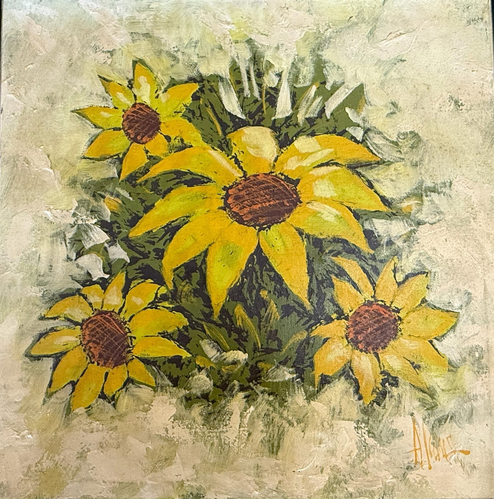 Yellow Blossoms on Textured Ground Floral Painting Signed Albus: Yellow Blossoms on Textured Ground Floral Painting Signed Albus. H 94cm(37in.) x W 94cm(37in.). Preview from June 22nd to 26th from 1:00 PM TO 5:00 PM Eastern Time, Location: 15229 Display Court,