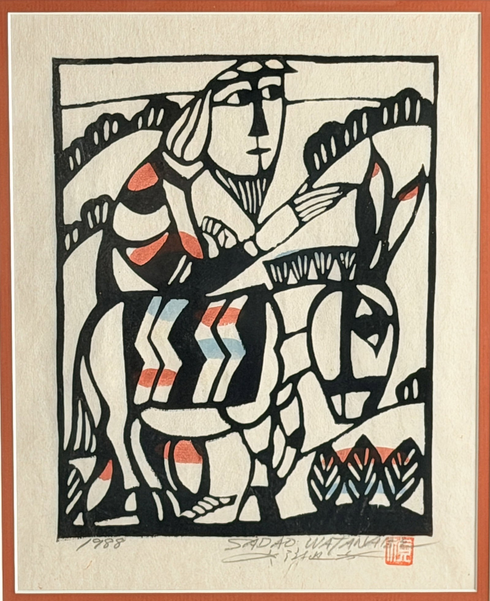 Sadao Watanabe Woodblock 1988 Signed Japanese Print with Seal: This 1988 artwork is a hand-colored kappazuri (stencil print) on washi paper by the renowned Japanese artist Sadao Watanabe.The print depicts the biblical scene of Jesus riding a donkey into Jerusalem