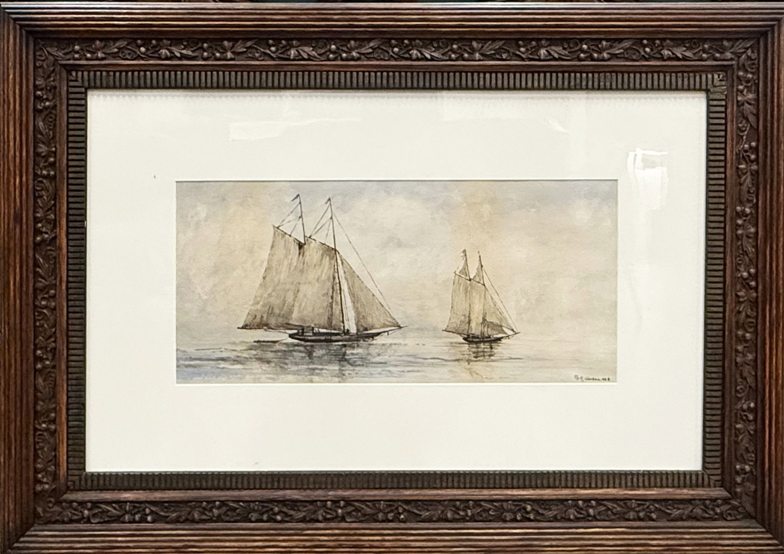 Signed G. E. Gordon 1888 Maritime Watercolor Boat Painting: Signed G. E. Gordon 1888, Maritime Watercolor Boat Painting. W 50cm(19.7in.) x H 23cm(9.1in.). Preview from June 22nd to 26th from 1:00 PM TO 5:00 PM Eastern TiFme, Location: 15229 Display Court, Rock
