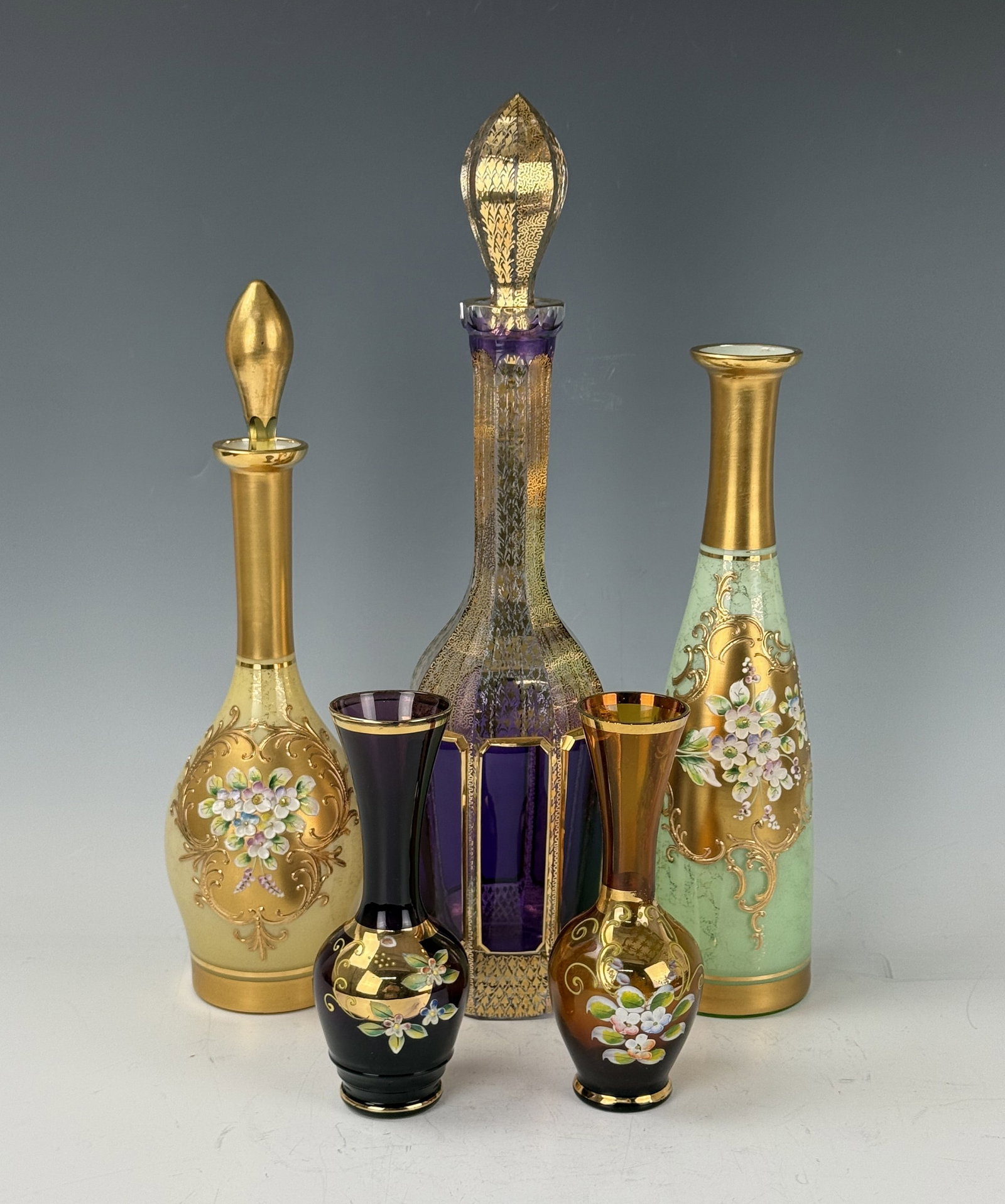 Group of 5 Enamel Art Glass Bottle with Gold Trim and Floral Decoration (1 of 12)