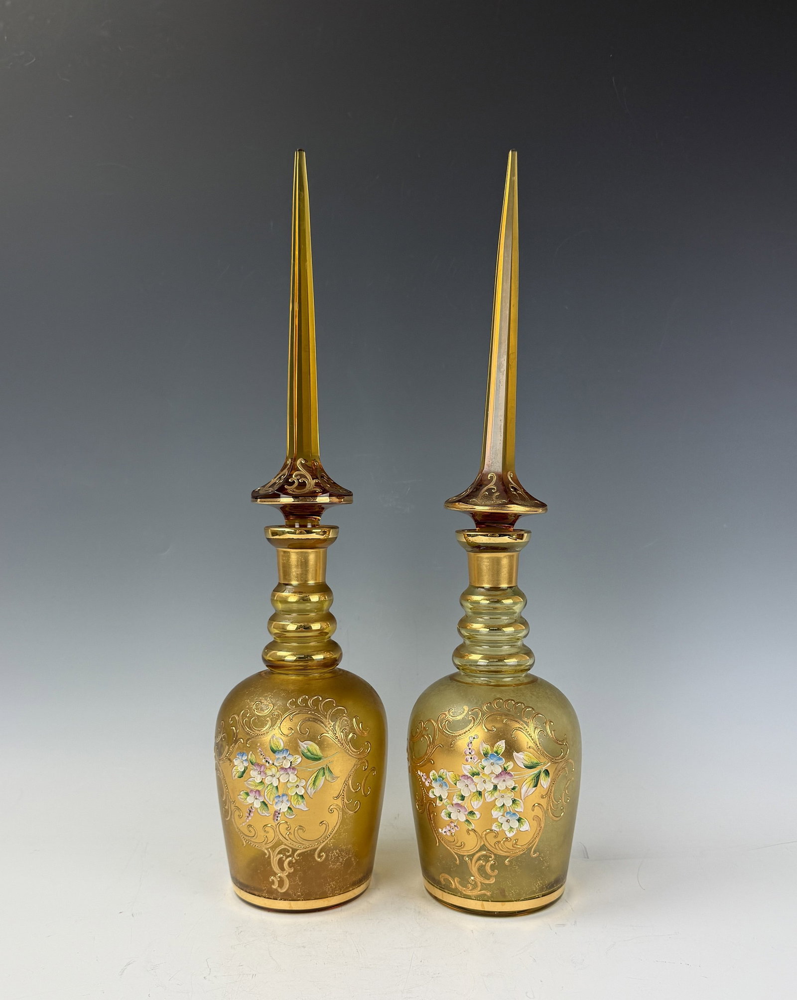 Pair of Bohemian Enamelled Yellow Glass Decanters and Stoppers (1 of 8)