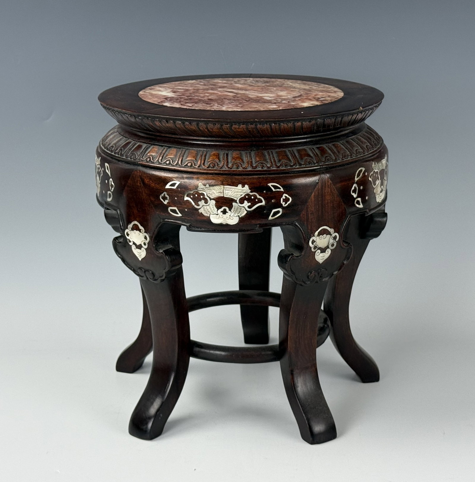Vintage Chinese Rosewood Marble Stone Top Stool Inlay Mother of Pear (1 of 4)