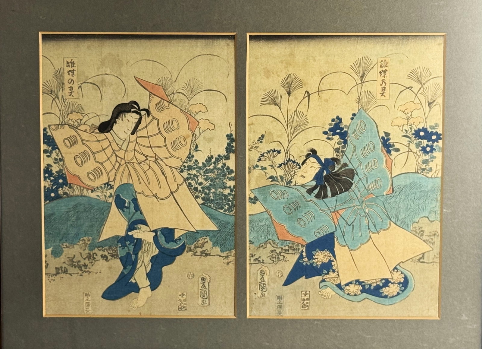 Two Toyokuni Japanese Woodblock Prints Framed: Toyokuni Japanese Woodblock Prints, Framed Pair, Edo Style. Each H 36cm(14.2in.) x W 25cm(9.8in.). Preview from Aug 24th to 28th from 1:00 PM TO 5:00 PM Eastern Time, Location: 15229 Display Court, Ro