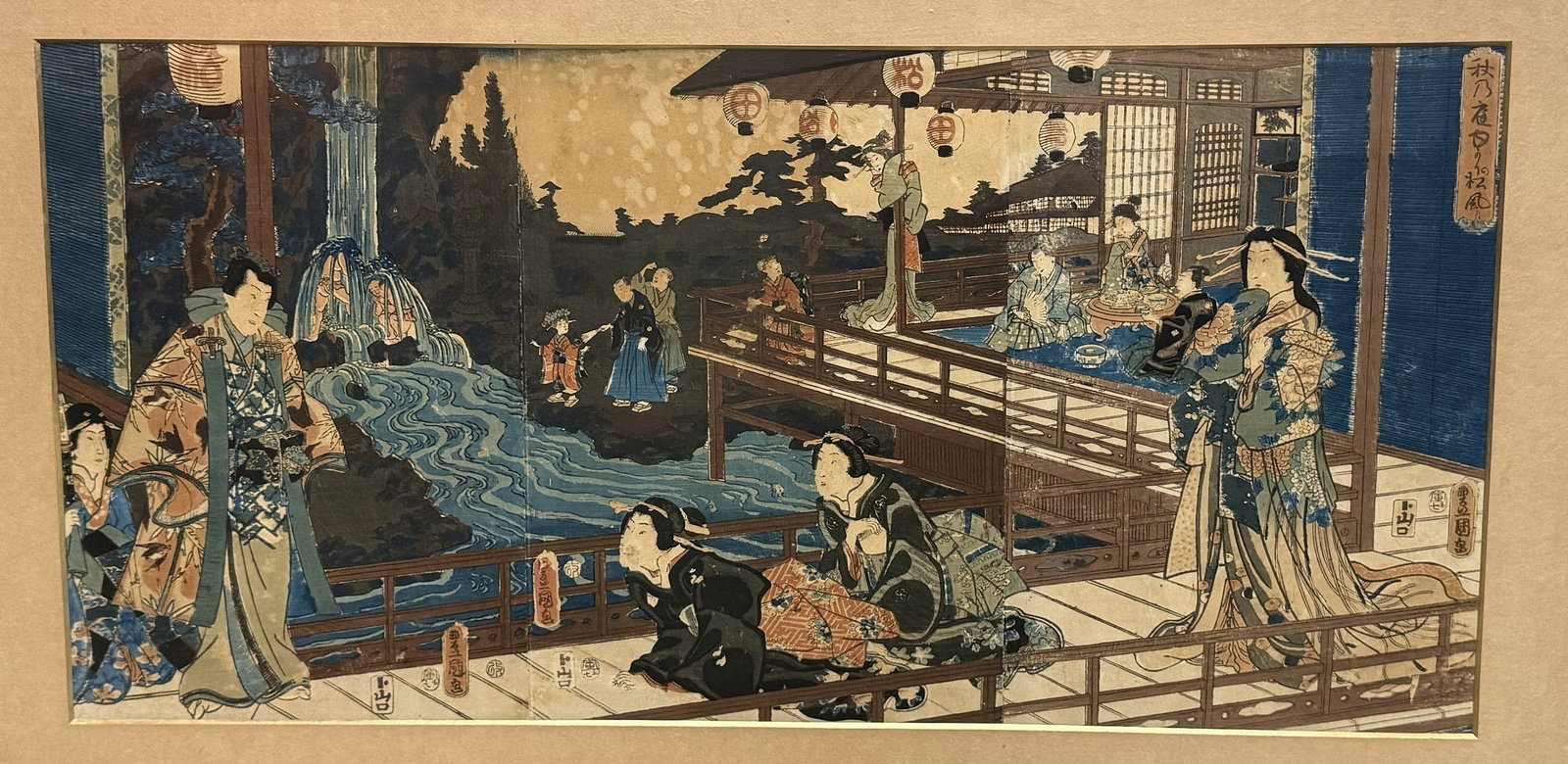 Utagawa Kunisada Japanese Ukiyo e Print Figures in Pavilion by Stream: Utagawa Kunisada, Japanese Ukiyo e Print Figures in Pavilion by Stream, Framed. w 72cm(28.3in.) x H 35cm(13.8in.). Preview from Aug 24th to 28th from 1:00 PM TO 5:00 PM Eastern Time, Location: 15229 D
