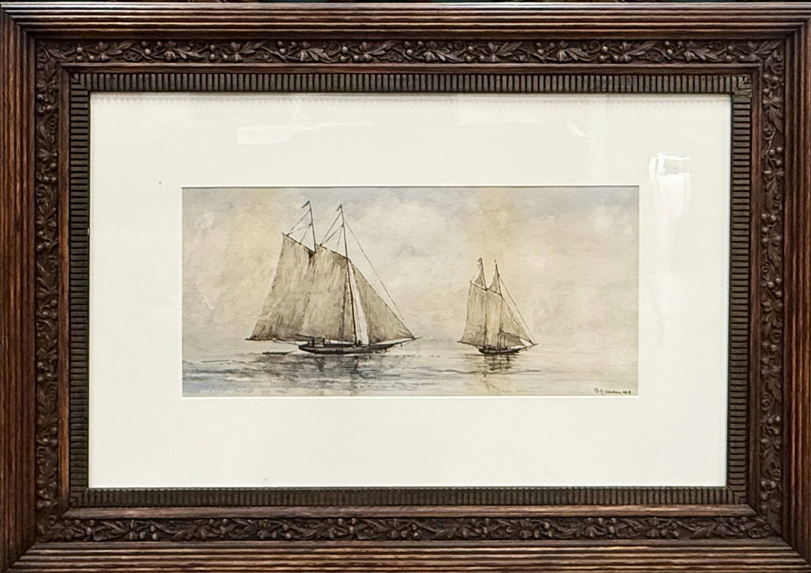 Signed G. E. Gordon 1888, Maritime Watercolor Boat Painting. W 50cm(19.7in.) x H 23cm(9.1in.)