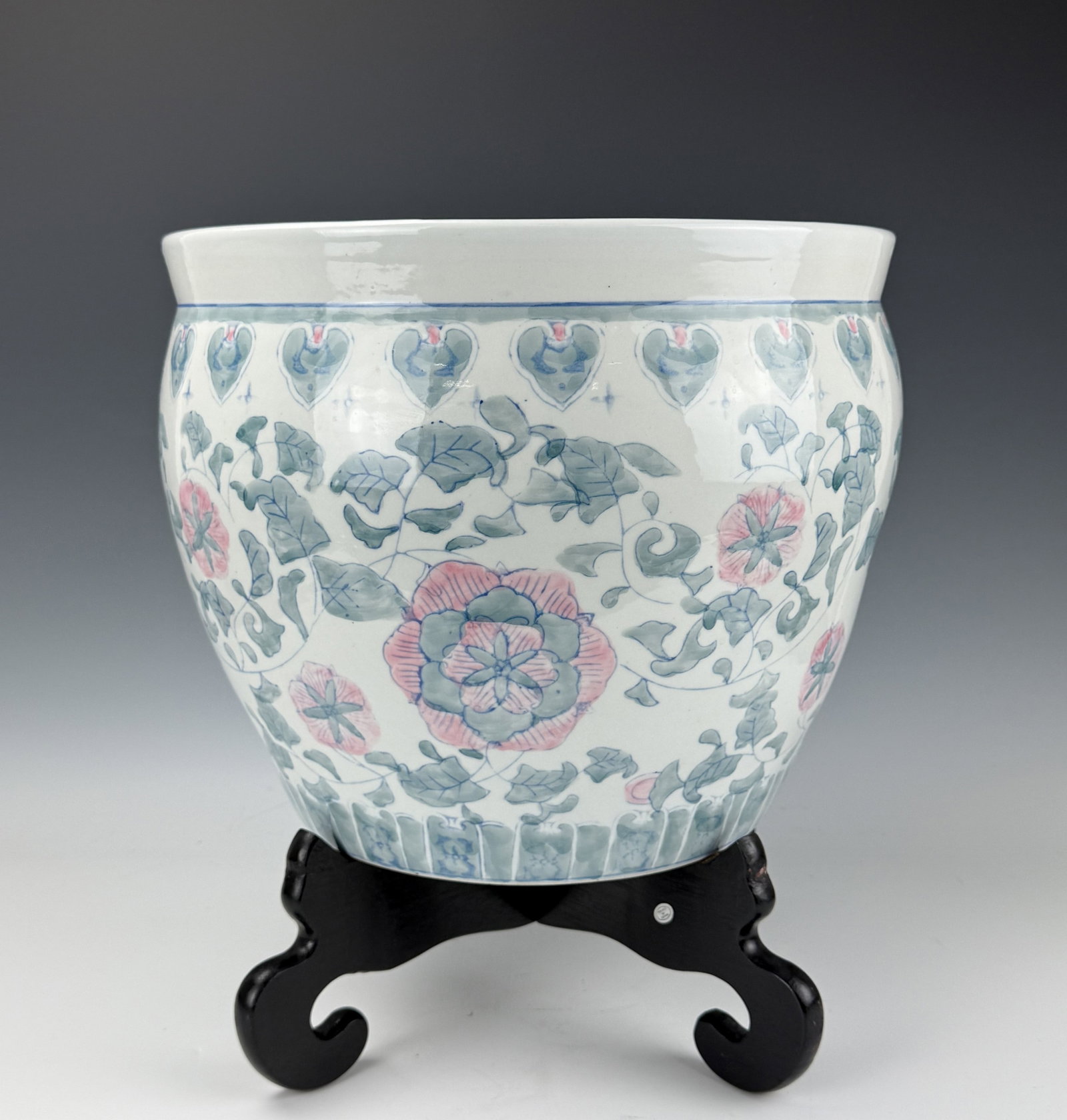 Chinese Porcelain FishBowl Planter with Wood Stand: A Chinese Porcelain FishBowl Planter with Wood Stand. D 35.7 cm(14in.) x H 30cm(11.8in.). Preview from Aug 24th to 28th from 1:00 PM TO 5:00 PM Eastern Time, Location: 15229 Display Court, Rockville, 