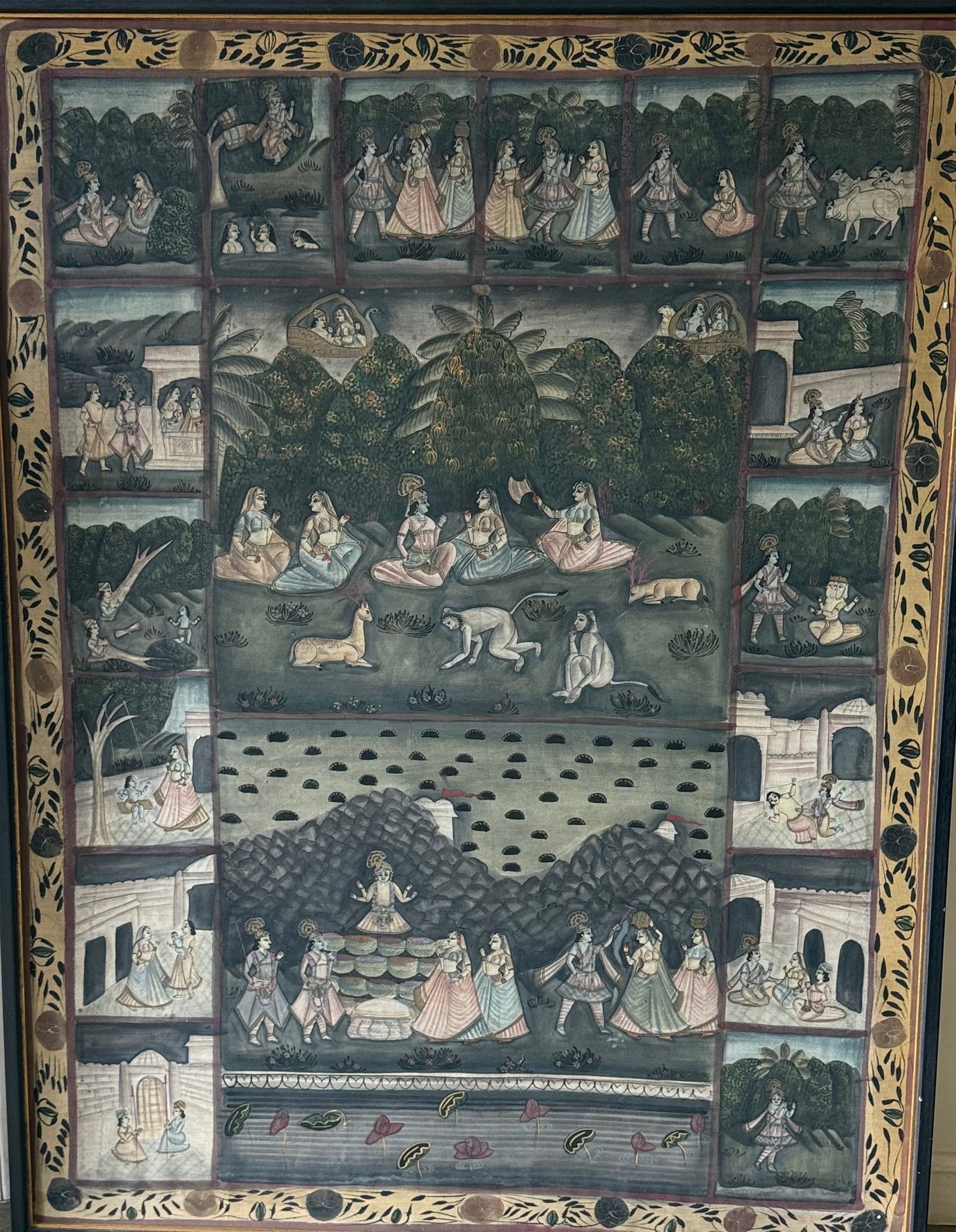 A Traditional Hand Painted Indian Pichwai Textile: A Traditional Hand Painted Indian Pichwai Textile, H 129 cm(50.8 in.) x W 77.2 cm(30.4 in.). Preview from Aug 24th to 28th from 1:00 PM TO 5:00 PM Eastern Time, Location: 15229 Display Court, Rockvill