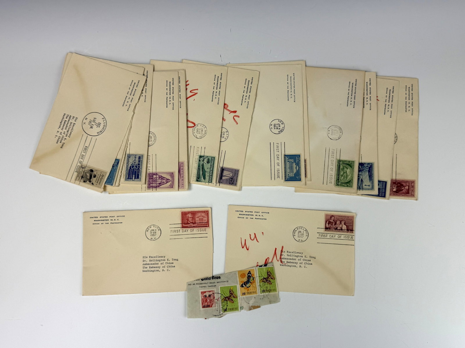 Group of 15 US STAMP FDC POSTMASTER: Group of 15 Hollington Tong Collection US STAMP FDC POSTMASTER, acquire from Tong's Family. Size: 17 cm(6.7 in.) x 11 cm(4.3 in.). Preview from Aug 24th to 28th from 1:00 PM TO 5:00 PM Eastern Time, L