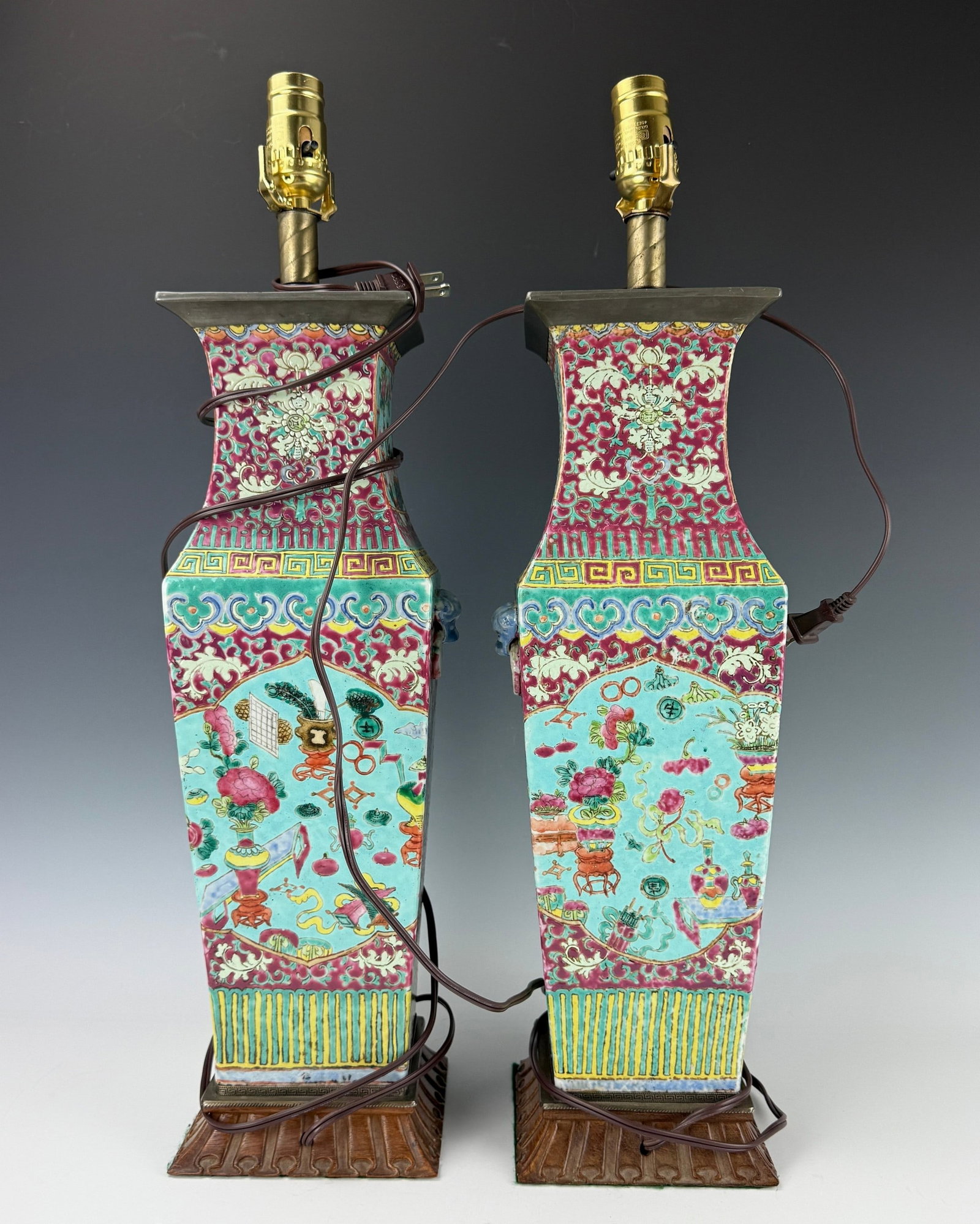 Pair of Antique Chinese Famille Rose Square Porcelain Vase Lamps: Pair of Large Chinese Famille Rose Porcelain Vase Lamps,19th century square vase with shades.Vase H 45 cm(18 in.)x2. Preview from Aug 24th to 28th from 1:00 PM TO 5:00 PM Eastern Time, Location: