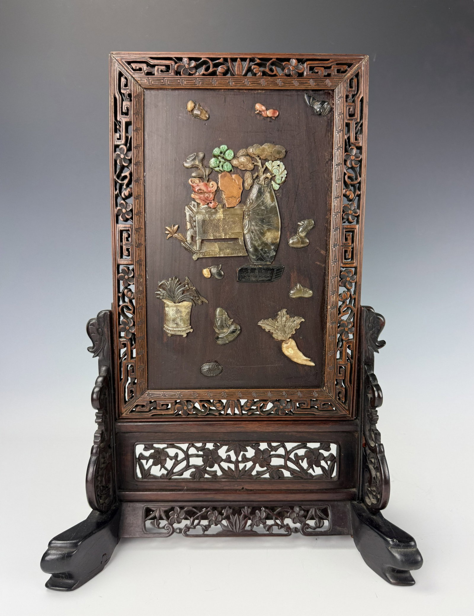 Chinese Hardwood Table Screen with Semi Precious Stone Inlaid Panel (1 of 7)