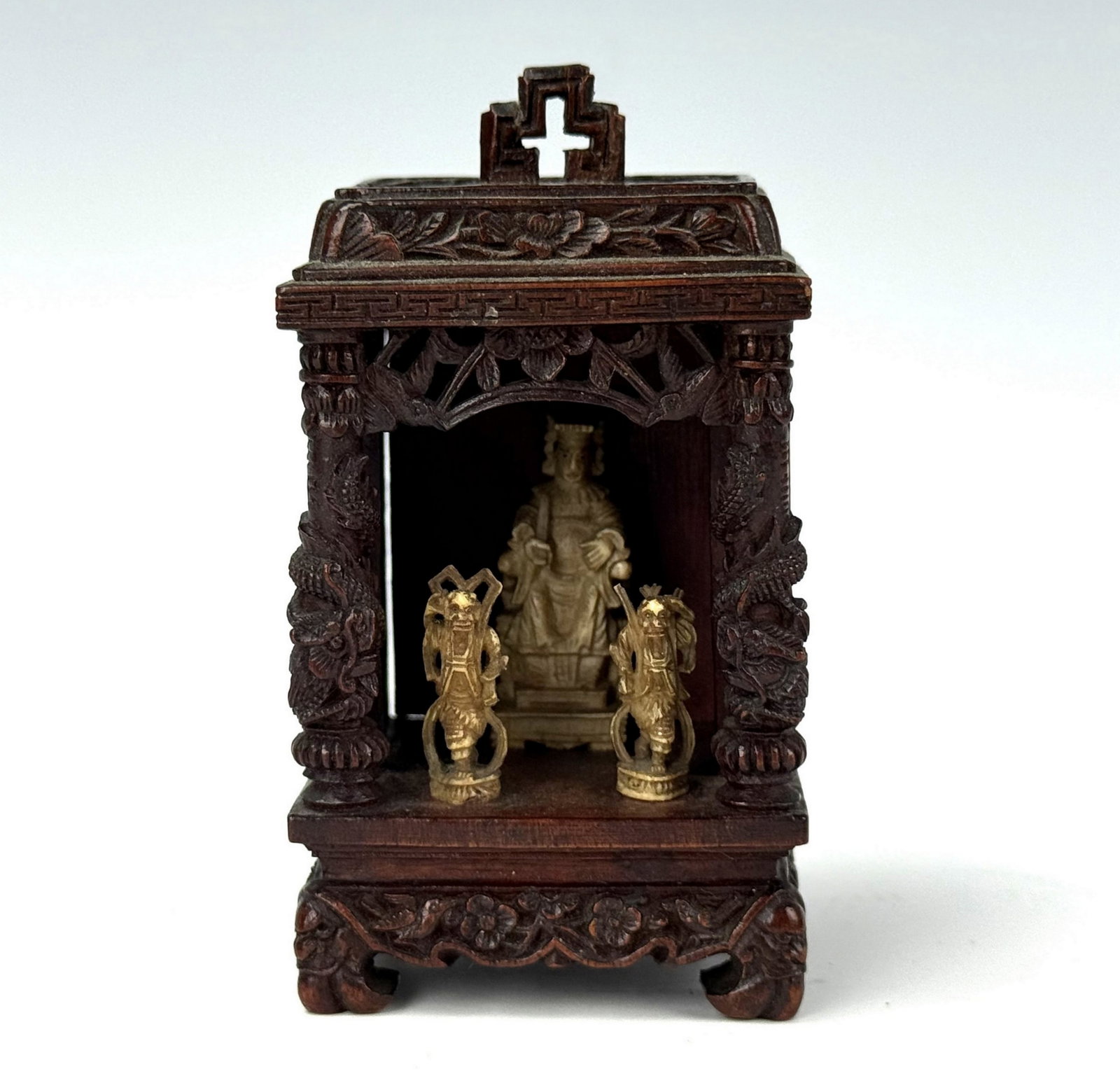 Chinese Carved Hardwood Shrine with Three Deity Figures: Chinese Carved Hardwood Shrine with Three Deity carved bone Figures. H 8 cm(3.1 in.) x W 4.3 cm(1.7 in.). Preview from Aug 24th to 28th from 1:00 PM TO 5:00 PM Eastern Time, Location: 15229 Display Co