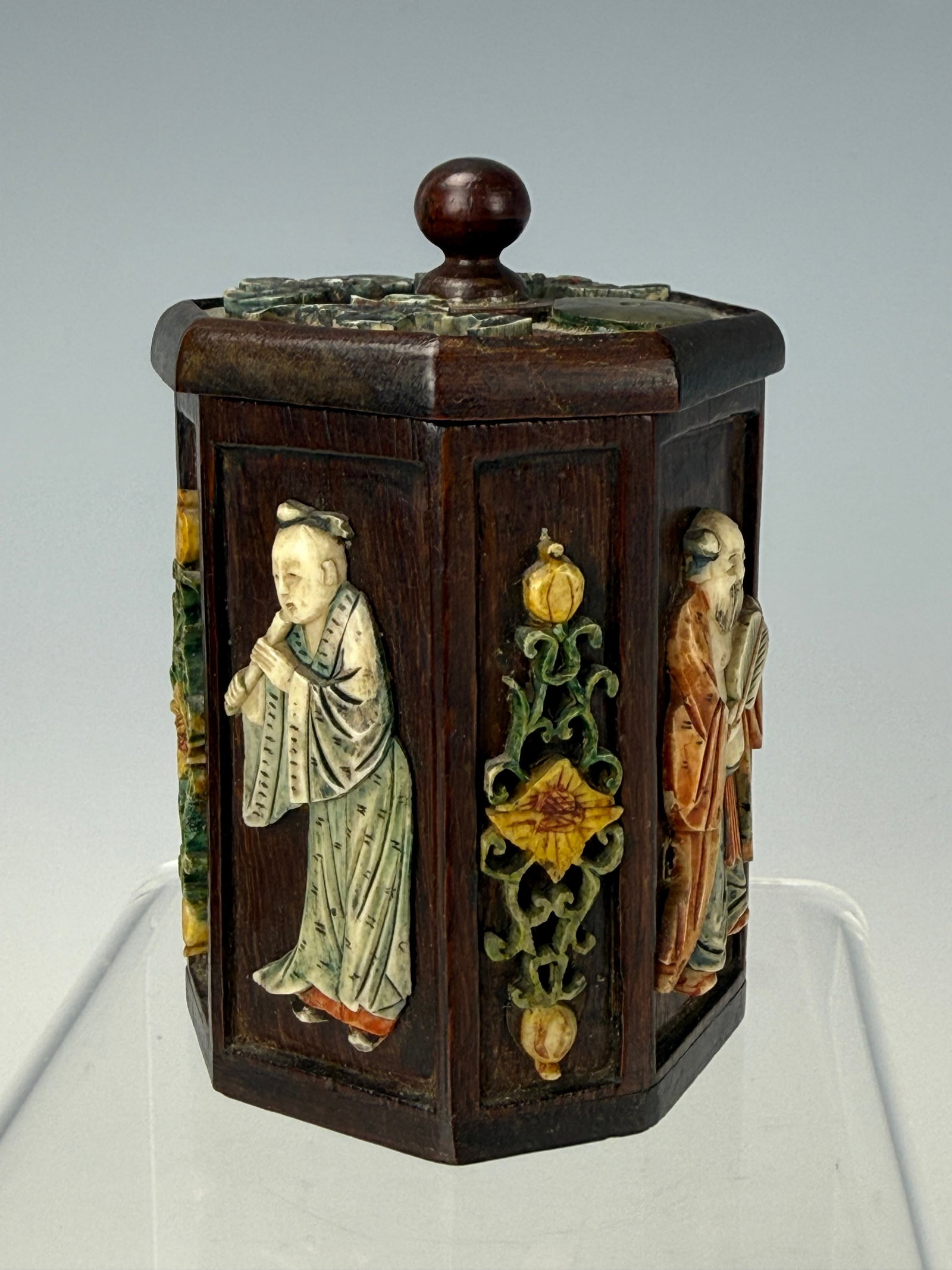 Chinese Antique Wooden Hexagonal Container with Figural Relief and Lid (1 of 10)