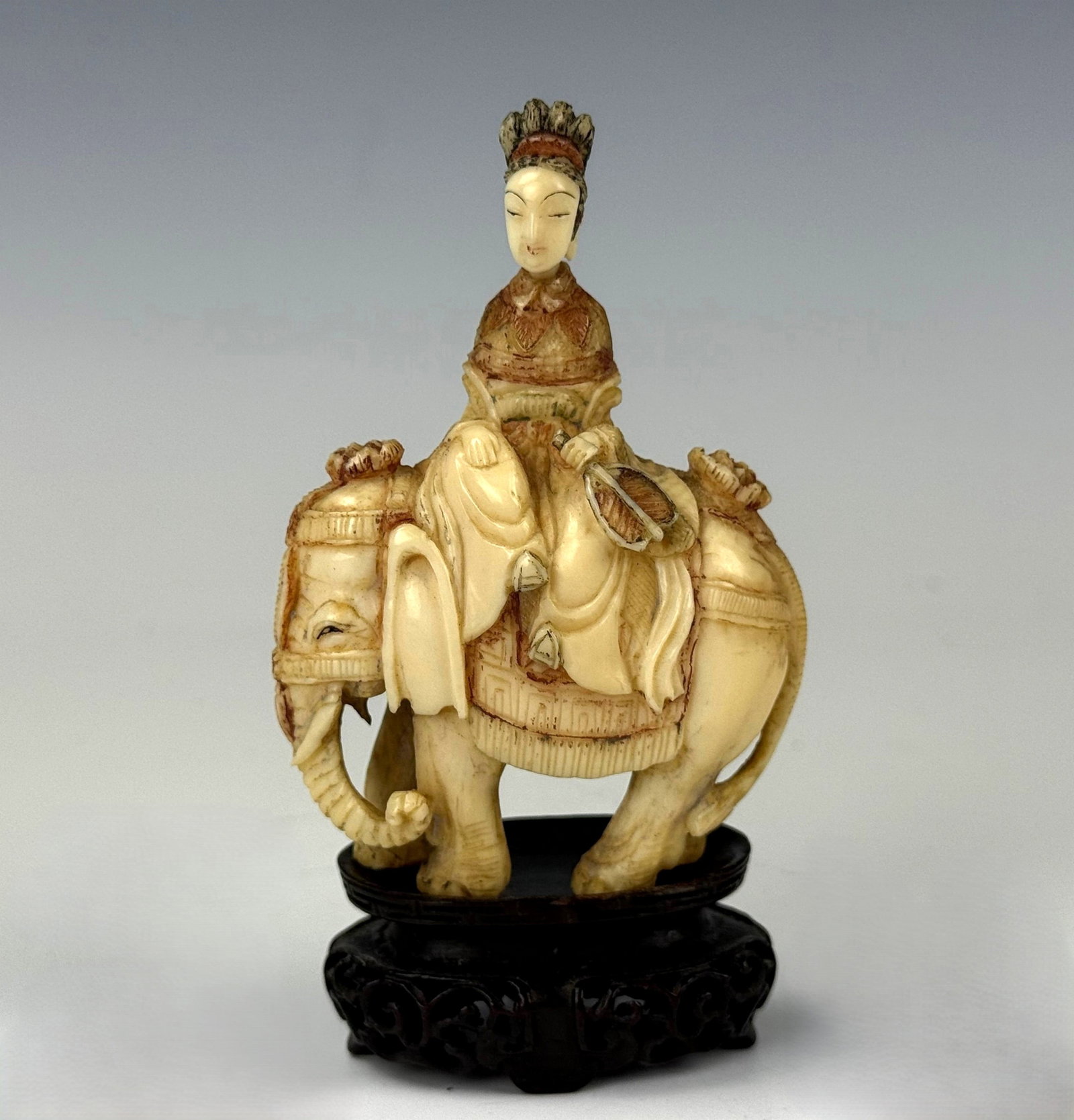 Antique Chinese Carved Puxian Buddha and Elephant: Antique Chinese Carved Puxian Buddha and Elephant. H 7.6 cm(3 in.) x W 5.6 cm(2.2 in.). Preview from Aug 24th to 28th from 1:00 PM TO 5:00 PM Eastern Time, Location: 15229 Display Court, Rockville, MD
