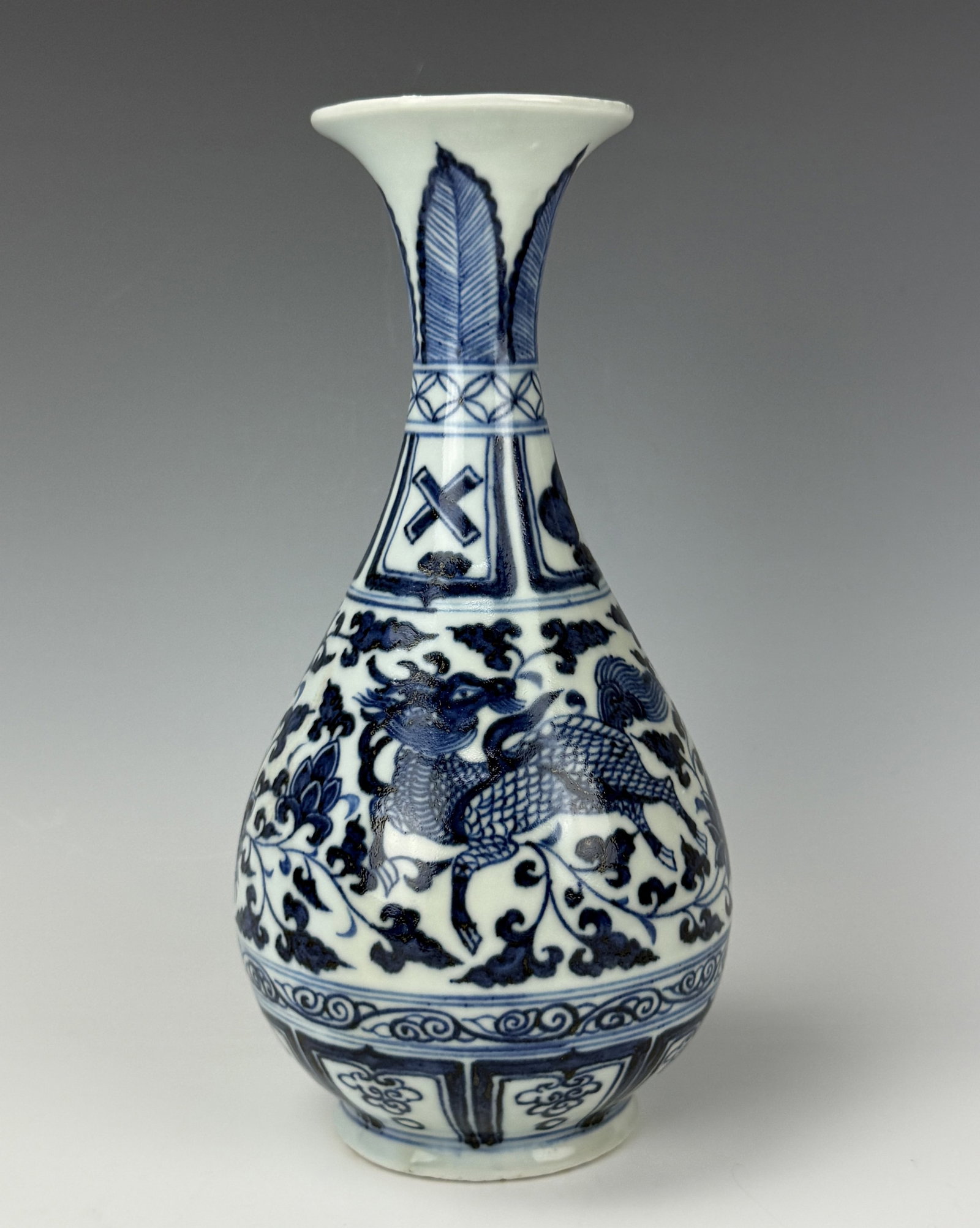 Chinese Blue and White Porcelain Yuhuchun Vase with Dragons Amid Flowers