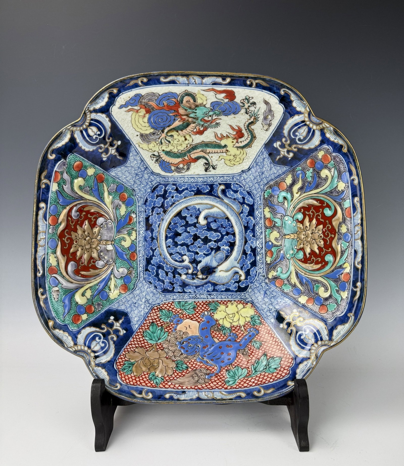 Antique Marked Large Japanese Dragon Kutani Bowl: Japanese Antique Square Porcelain Plate with Dragon and Mythical Beast Panels,chenghua mark,with wood stand.size W 36.5 cm(14.4 in.) x D 35.7 cm(14.1 in.) x H 8.5 cm(3.3 in.). Preview from Aug 24th to
