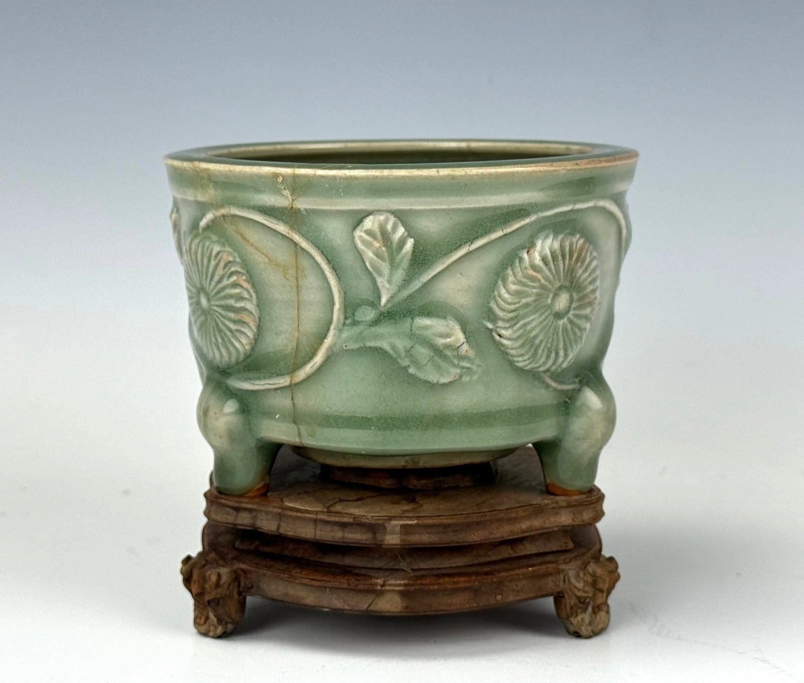 Antique Longquan Celadon Porcelain Tripod Censer with Wood Stand (1 of 8)