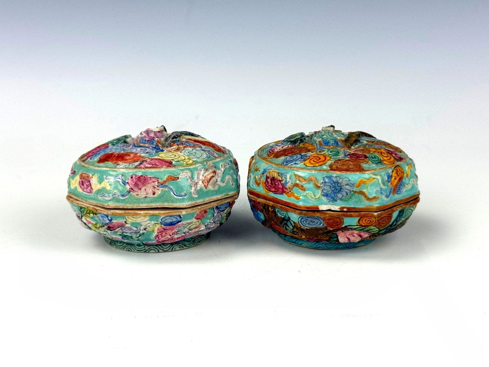 Two Chinese Antique Moulded and Enamel Decorated lidded Box Qianlong Mark (1 of 11)