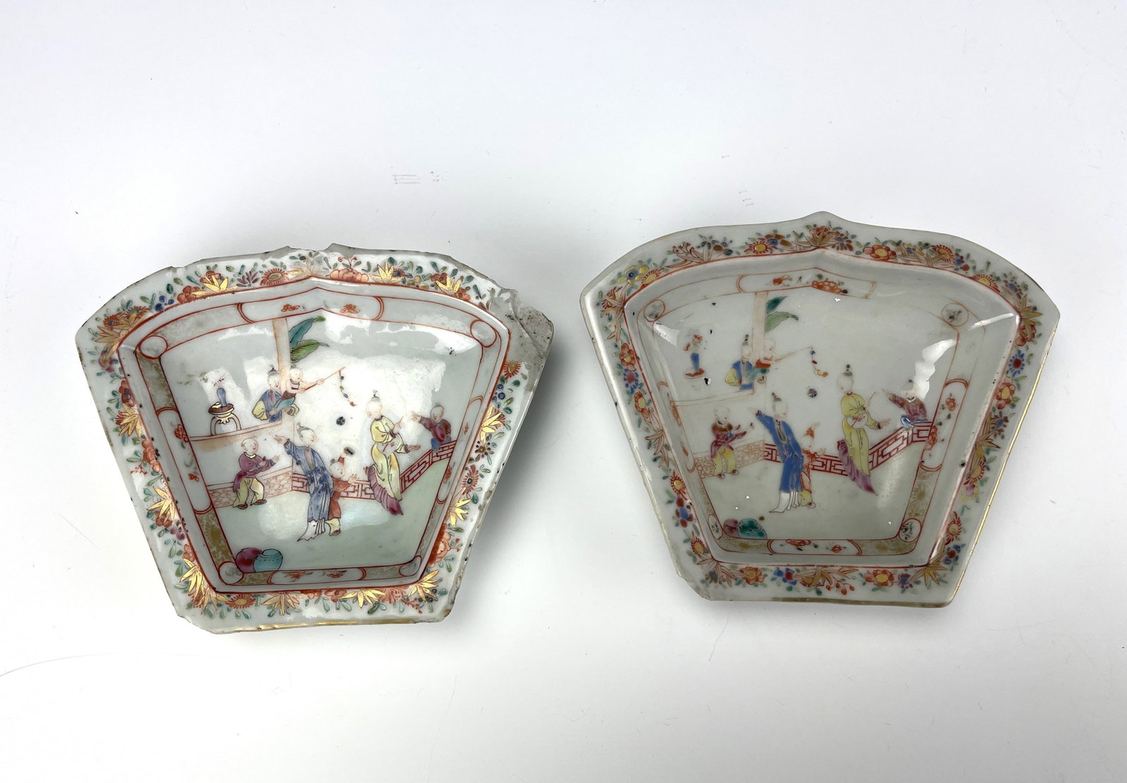Two Antique Chinese Famille Rose Porcelain Dishes: Two Antique Chinese Famille Rose Porcelain Dishes, W 15 cm(6 in.) x D 12.5 cm(5 in.)x2. Preview from Aug 24th to 28th from 1:00 PM TO 5:00 PM Eastern Time, Location: 15229 Display Court, Rockville, MD