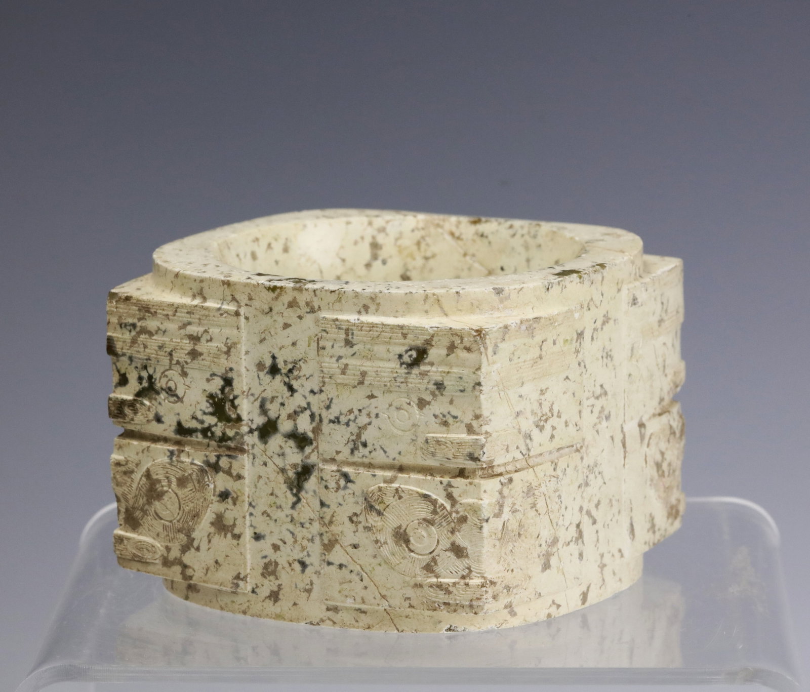 Chinese Chicken Bone Liangzhu Style Jade Cong: Chinese Chicken Bone Liangzhu Style Jade Cong. Size 8.5 x 8.5 6 cm. Preview from Aug 24th to 28th from 1:00 PM TO 5:00 PM Eastern Time, Location: 15229 Display Court, Rockville, MD 20850.