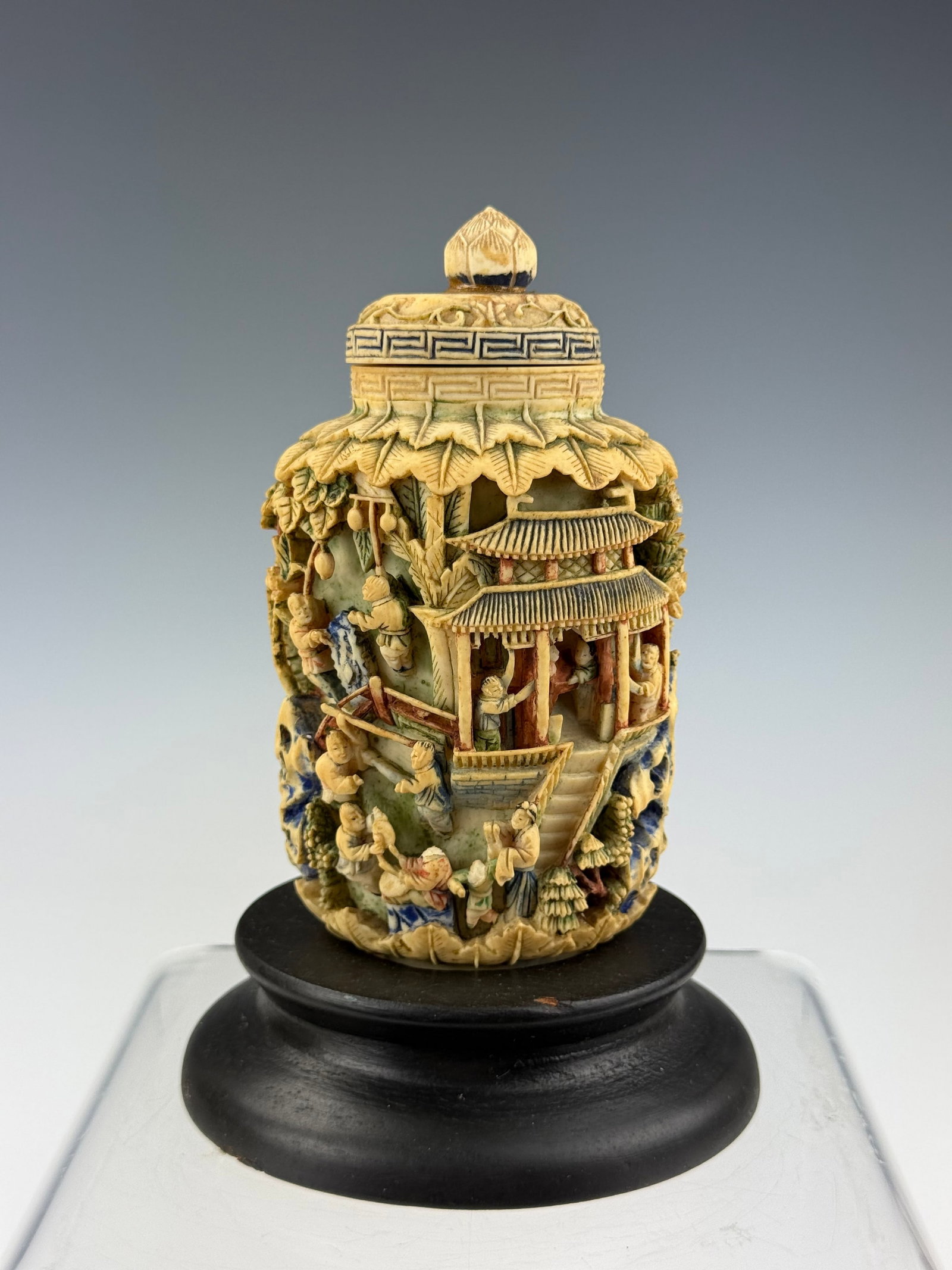 Vintage Chinese Carved Bone and Painted Figural Lidded Jar (1 of 8)