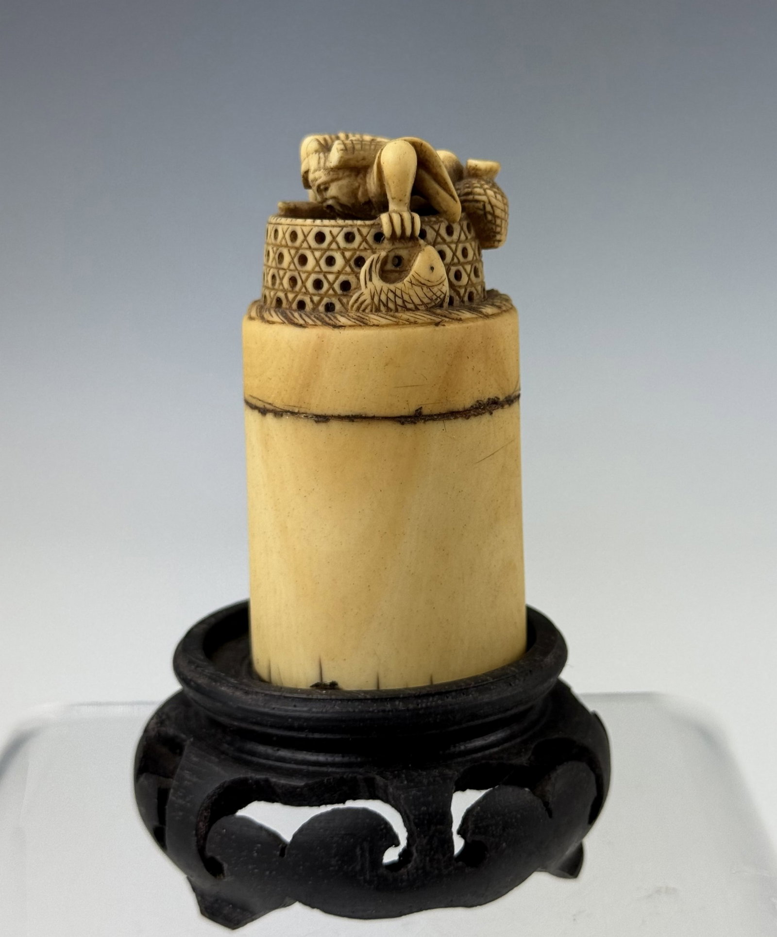 Antique Japanese Carved Bone Seal with Fisherman Finial (1 of 5)
