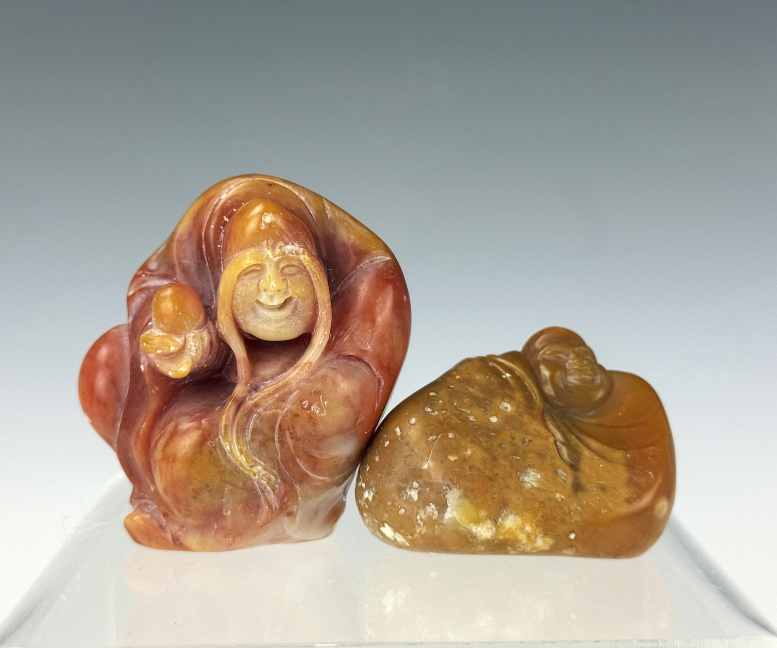 Two Statues of Luohan Carved Peach Bloom Shoushan Stone (1 of 6)