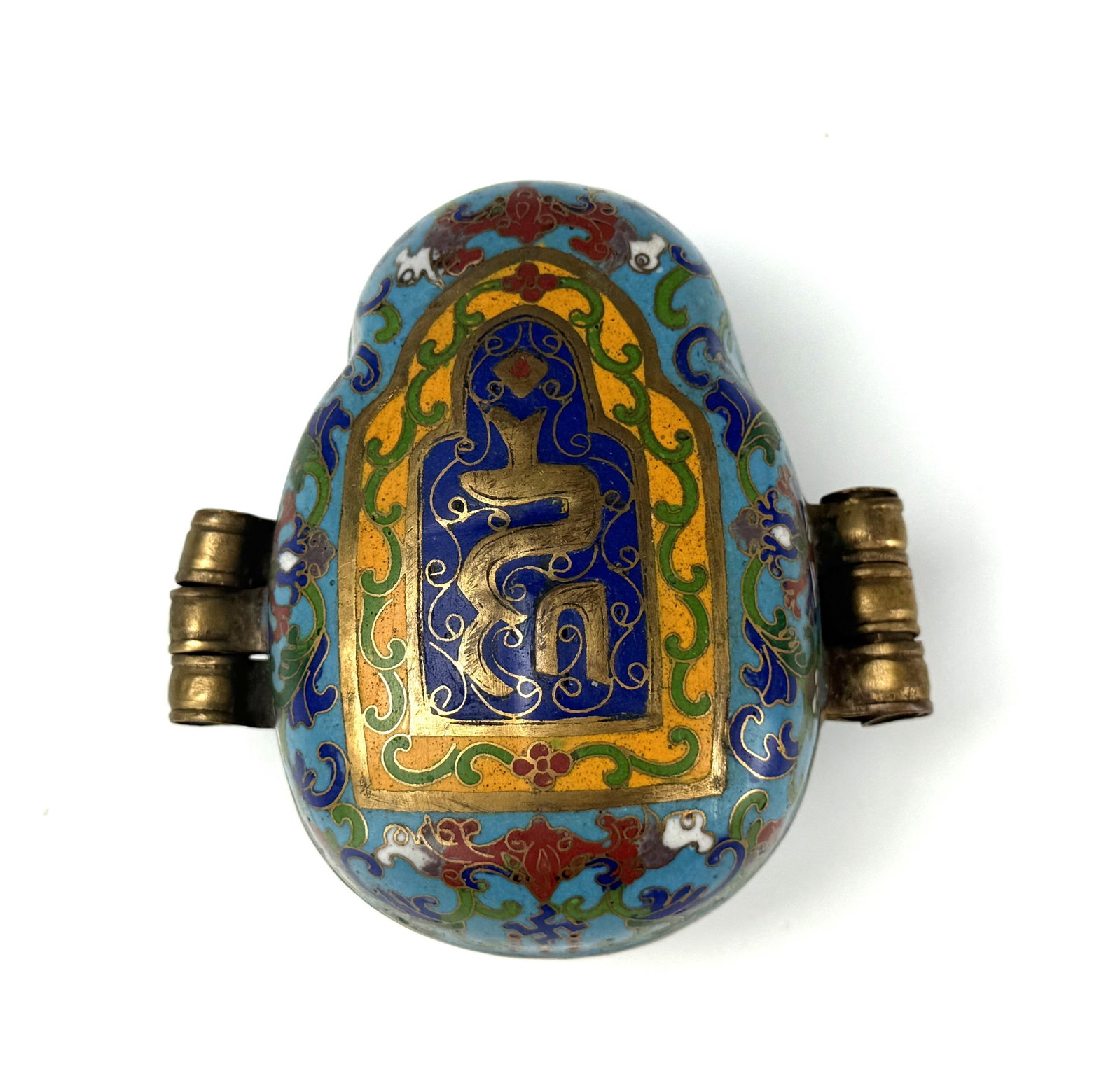 Chinese Cloisonne Box with Tibetan Script and Buddhist Flowers