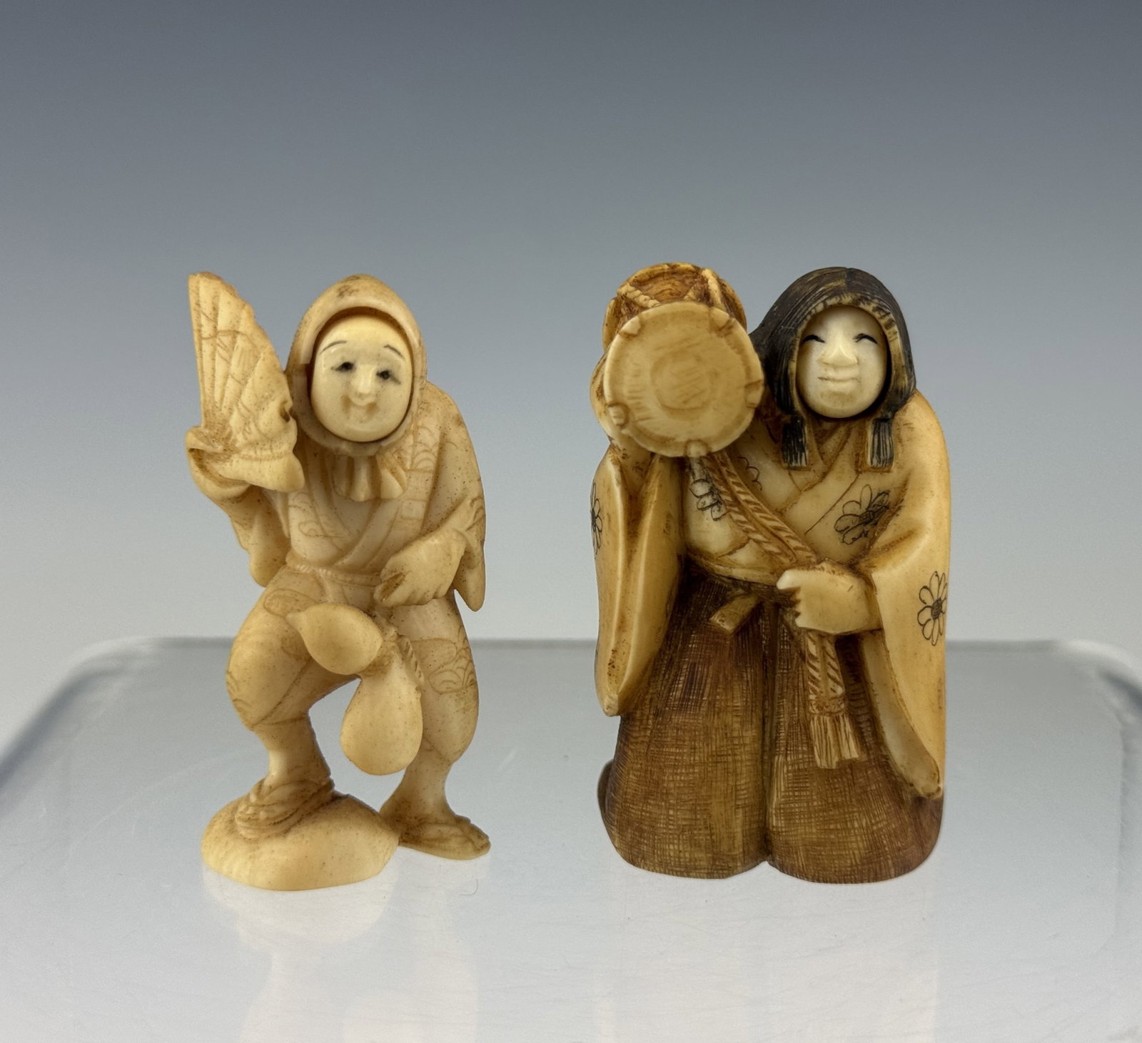 Two Japanese Carved Bone Netsuke with Revolving Face Figures (1 of 6)