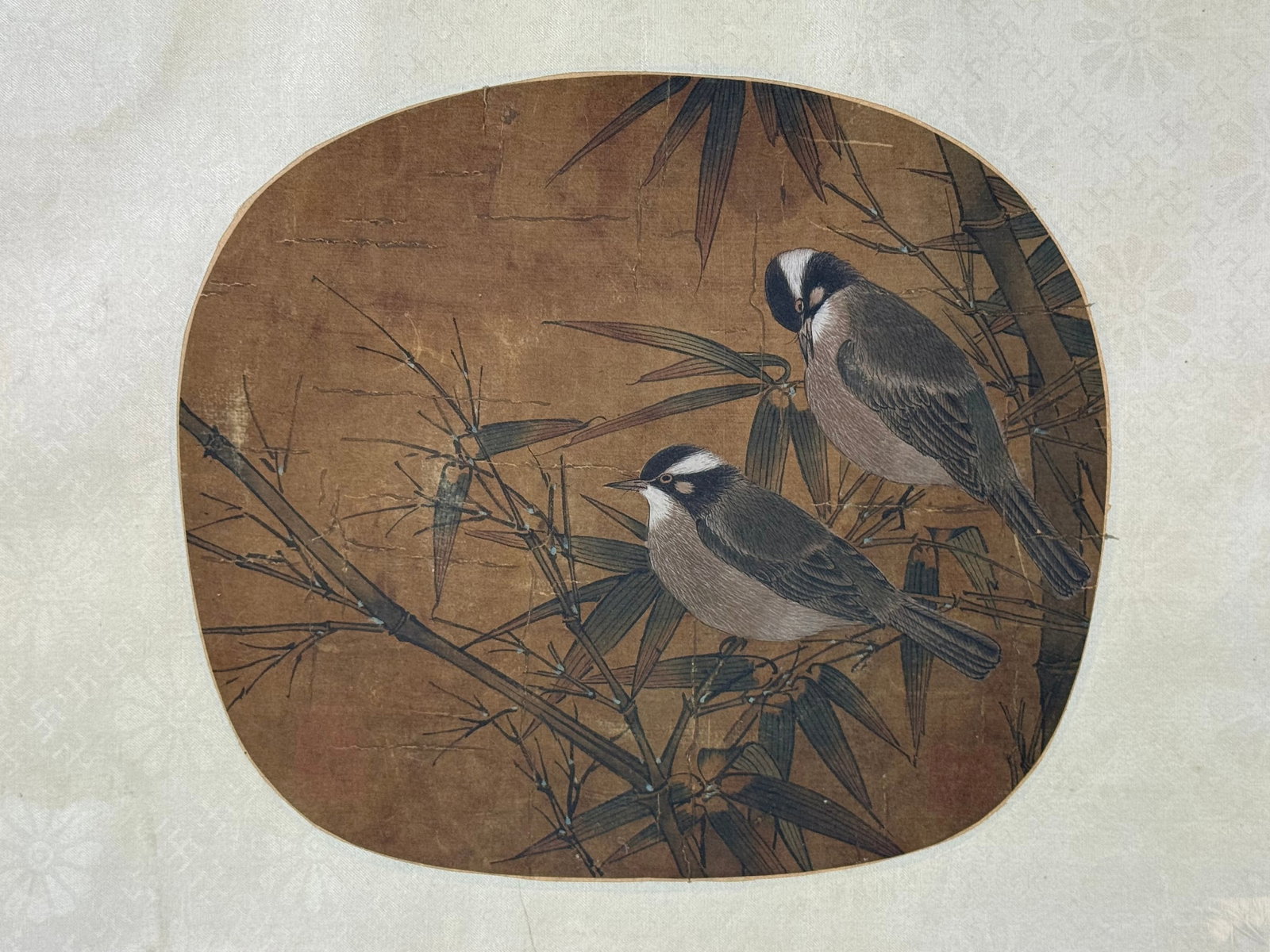 Chinese Painting Ink and Color on Silk of Birds and Bamboo: Chinese Painting Ink and Color on Silk of Birds and Bamboo. H 36 cm(14.2 in.) x W 35 cm(13.8 in.). Preview from Aug 24th to 28th from 1:00 PM TO 5:00 PM Eastern Time, Location: 15229 Display Court, Ro