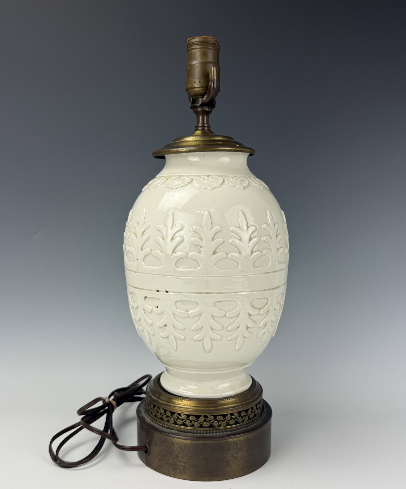 Vintage Ceramic Table Lamp White Embossed Urn Form with Brass Base (1 of 5)