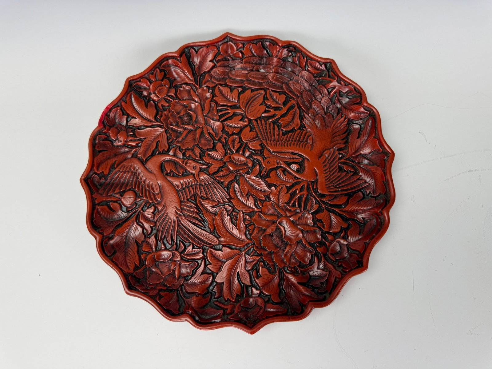Chinese Cinnabar Lacquer Plate with Carved Birds and Blossoming Flowers
