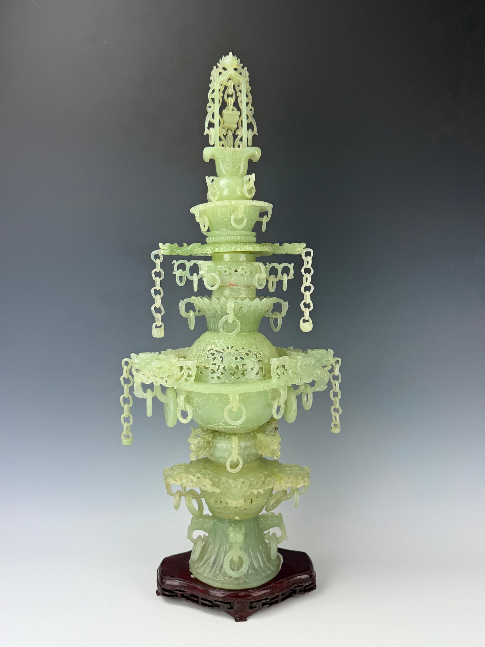 Large Chinese Carved Green Jade Censer with Dragons on Wooden Stand (1 of 8)