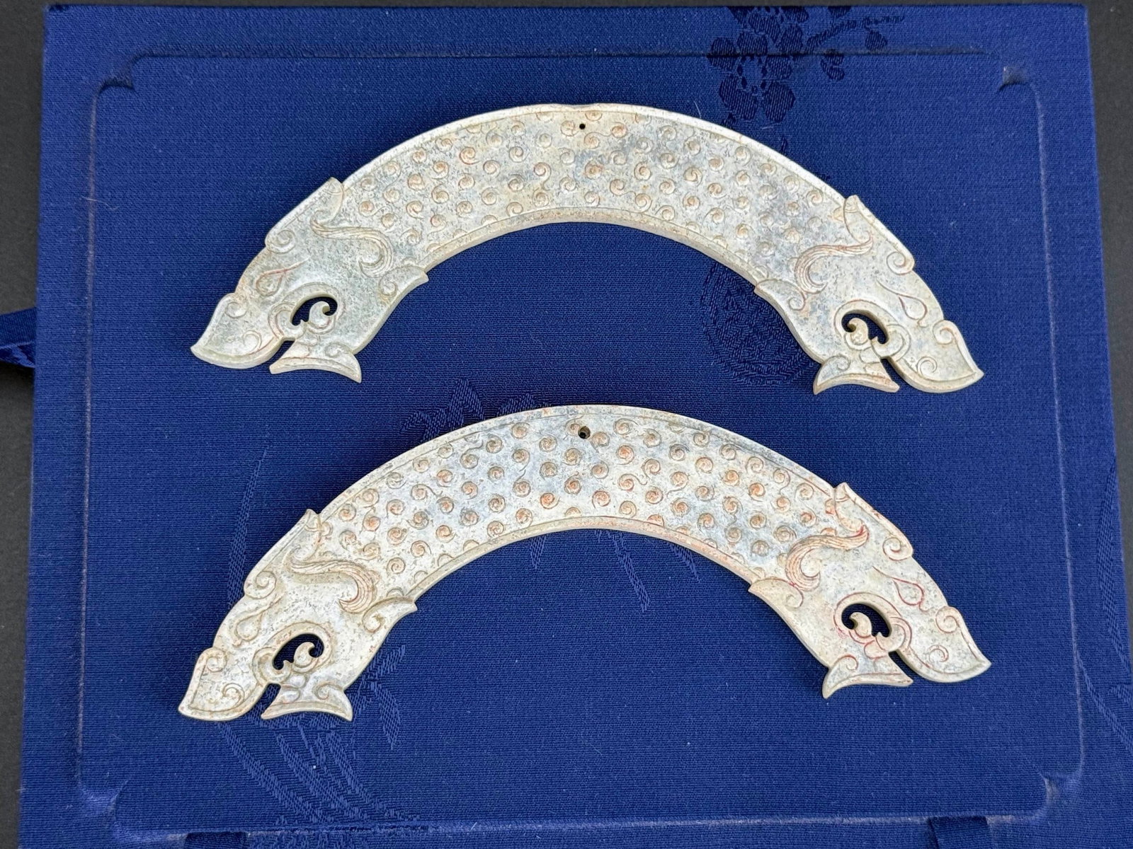 Pair of Chinese Jade Huang Twin Dragon Head Pendants (1 of 2)