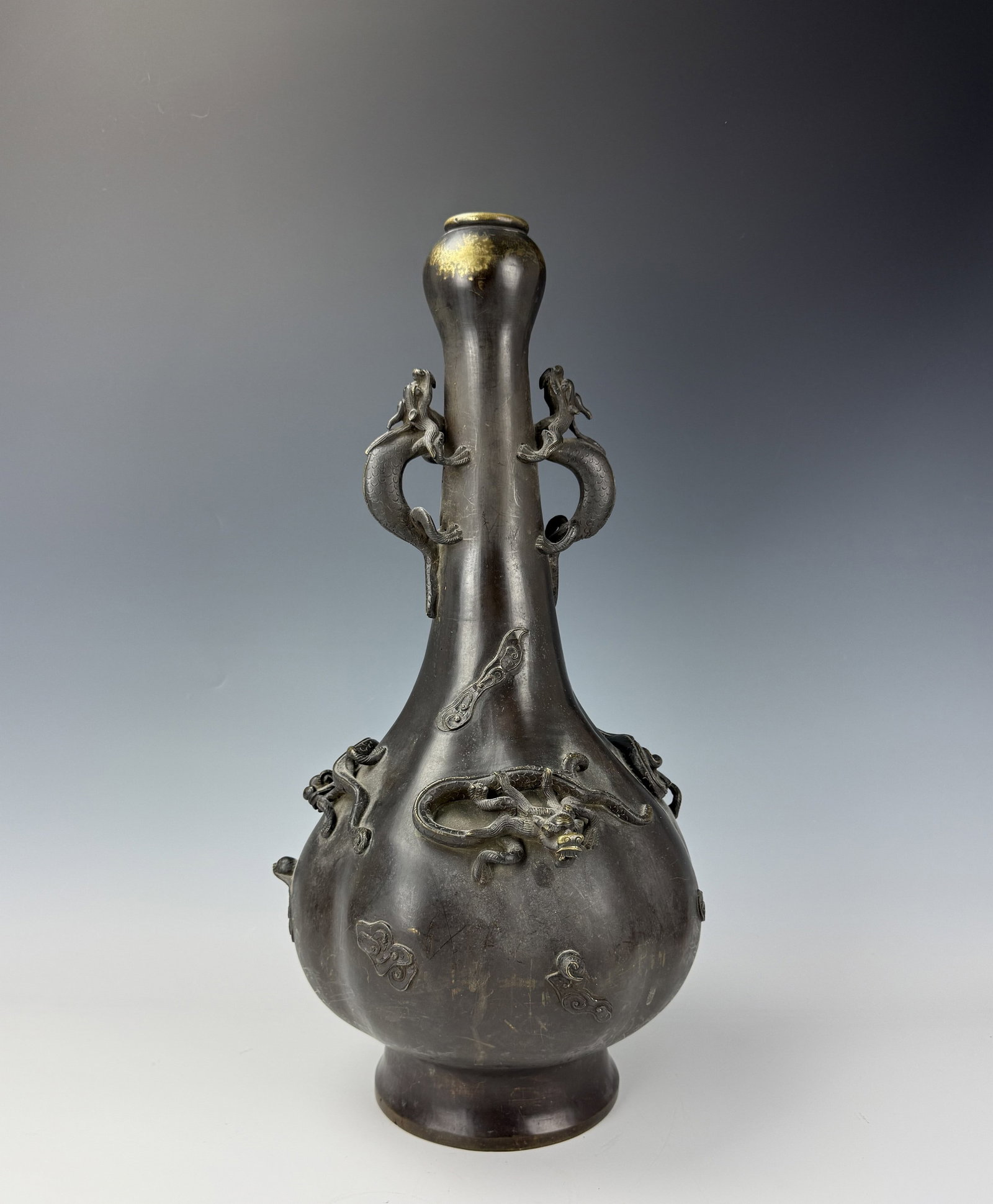 Chinese Bronze Narrow Neck Vase with Double Dragons Handles Marked (1 of 8)